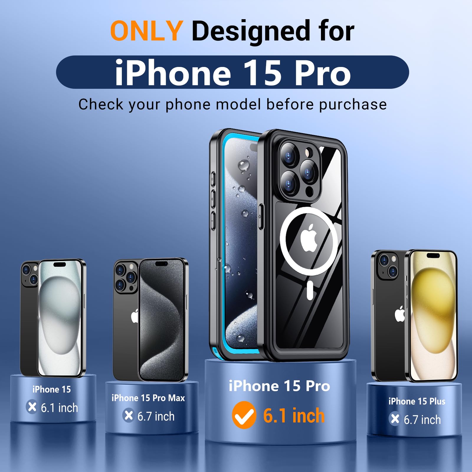 Temdan Magnetic For Iphone 15 Pro Case Waterproof,Built In Screen Protector[Ip68 Underwater][Upgrade Military Dropproof][Compati