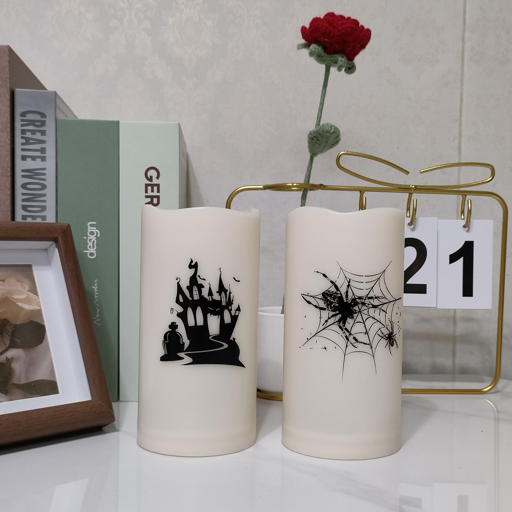 2 Pack Halloween Flameless Pillar Candles With Remote And Timer Battery Operated Led Flickering Candle Light Set With Spider Web