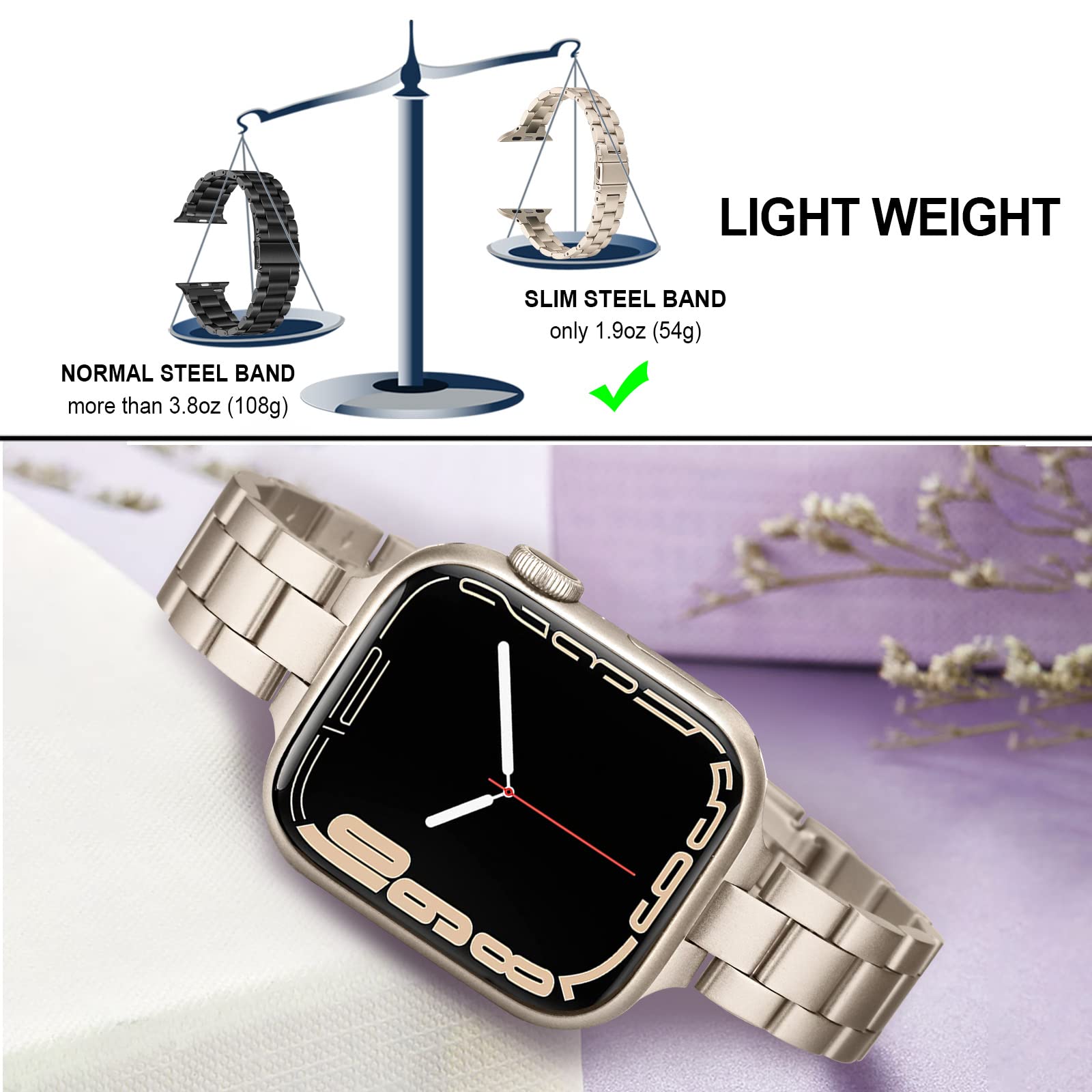 Trumirr Band For Apple Watch Series 8 7 41Mm Starlight Women, Slim Stainless Steel Watchband Feminine Strap Replacement For Iwat