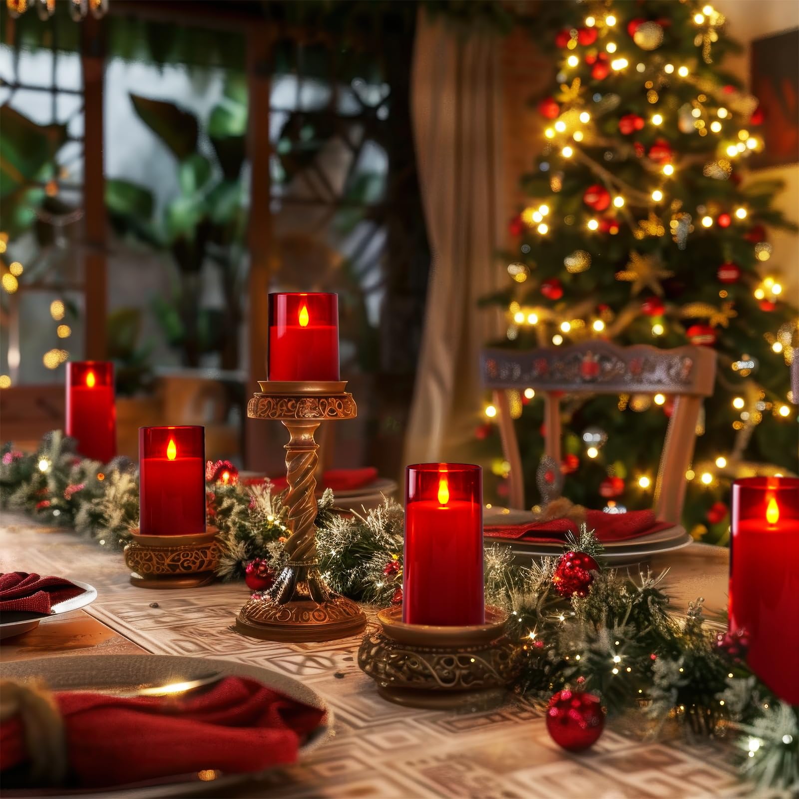Homemory Christmas Red Flickering Flameless Candles, Battery Operated Acrylic Led Pillar Candles With Remote Control And Timer,