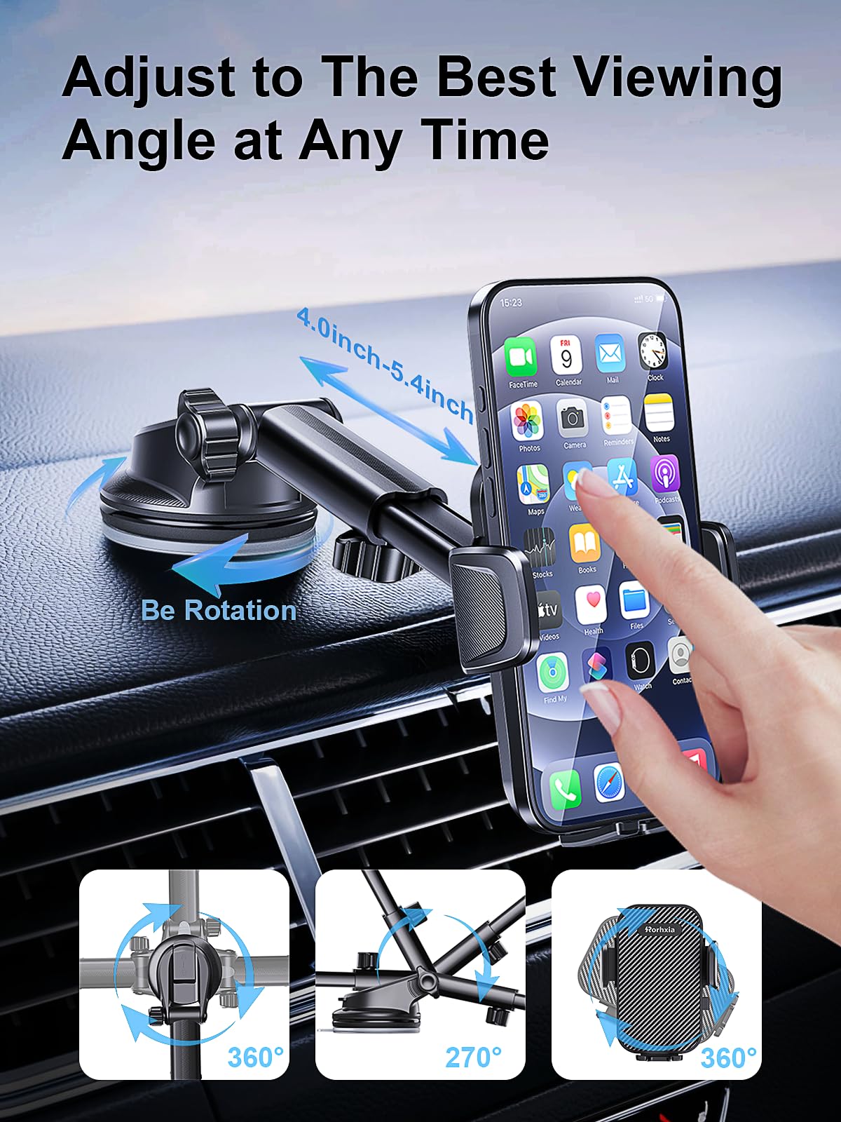 Rorhxia [2025 Most Stable & Flexible Suction Cup] 3-In-1 Car Phone Holder, Cell Phone Car Mount Fit For Vent/Dashboard/Windshiel