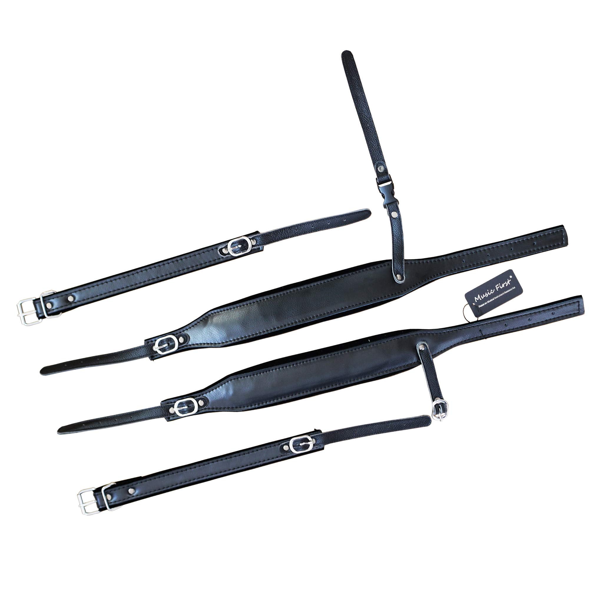 MUSIC FIRST Black Leather 96-120 BASS Accordion Shoulder Strap Set with Fast-On Back Strap, Comfortable and Durable