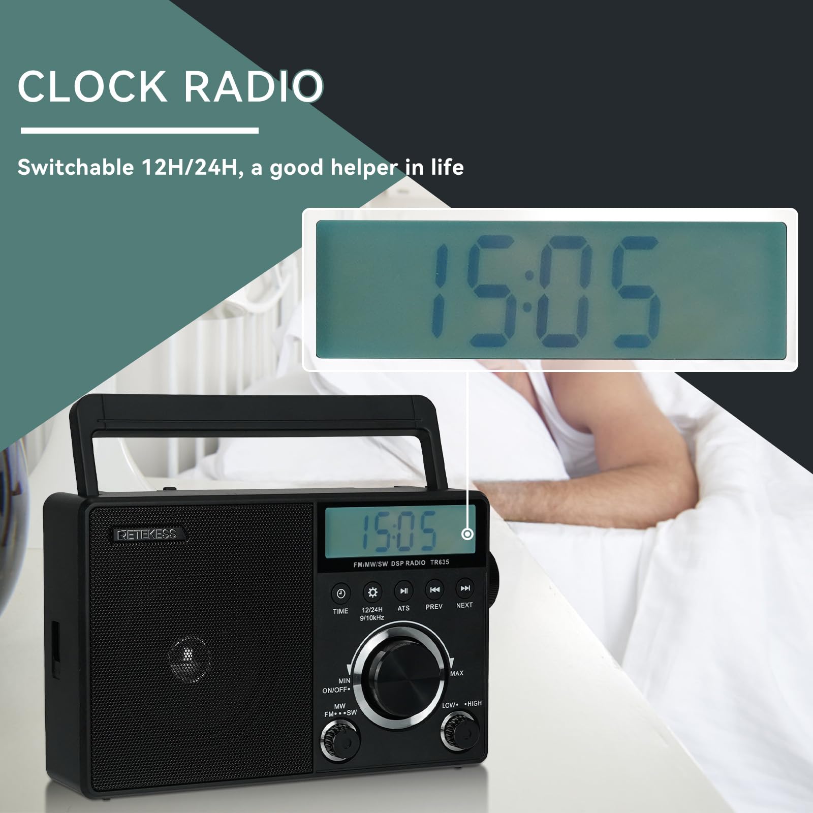 Retekess Tr635 Portable Digital Radio,Am Fm Shortwave Radio With Best Reception,Backlight Lcd Display,Clock,Battery Operated Radio Or Ac Power,For,Elder,Home