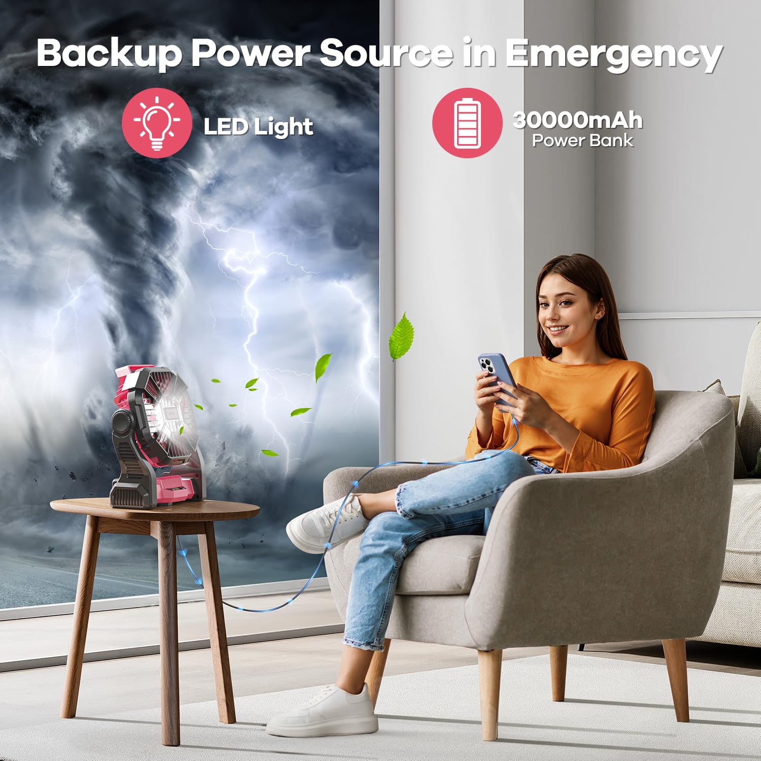 30000Mah Solar Fan With Led Lantern, 10W Solar Panel Rechargeable Battery Powered Camping Fan For Outside, 9 Inch Portable Batte