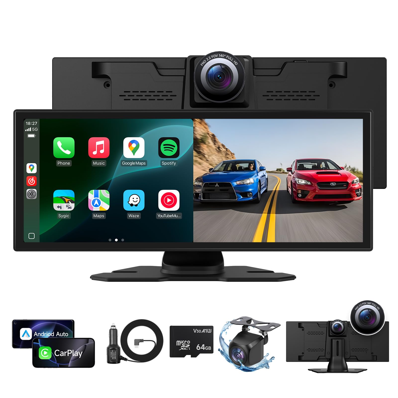 Upgrade Wireless Carplay Screen For Car With 4K Dash Cam, 11.26'' Portable A-Pple Carplay & Android Auto Car Stereo Touchscreen 