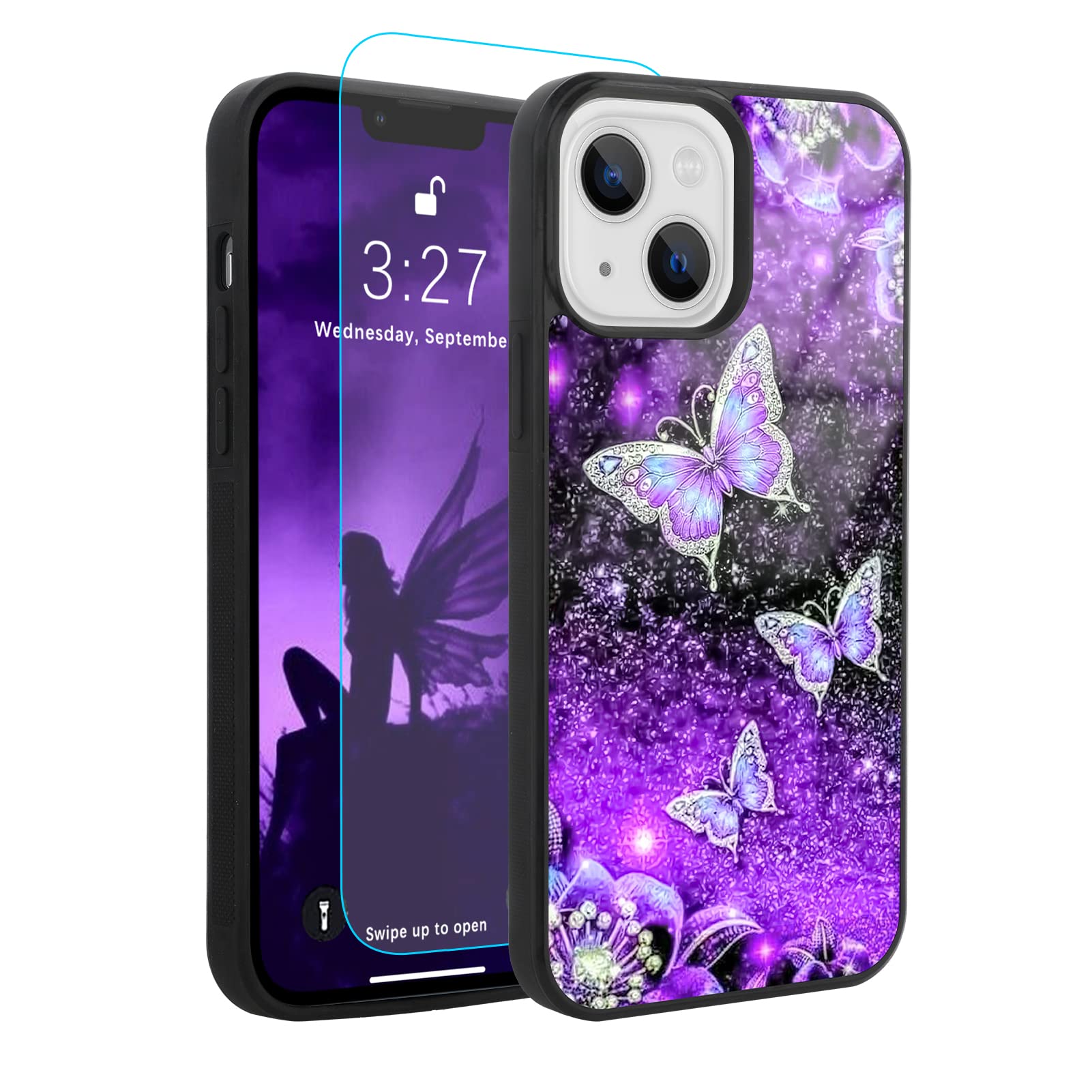 Ook Designs For Iphone 13 Case Glitter Purple Butterfly Nebula Space Design Hard Pc+Soft Tpu Bumper Anti Slip Ultra Thin Cover P