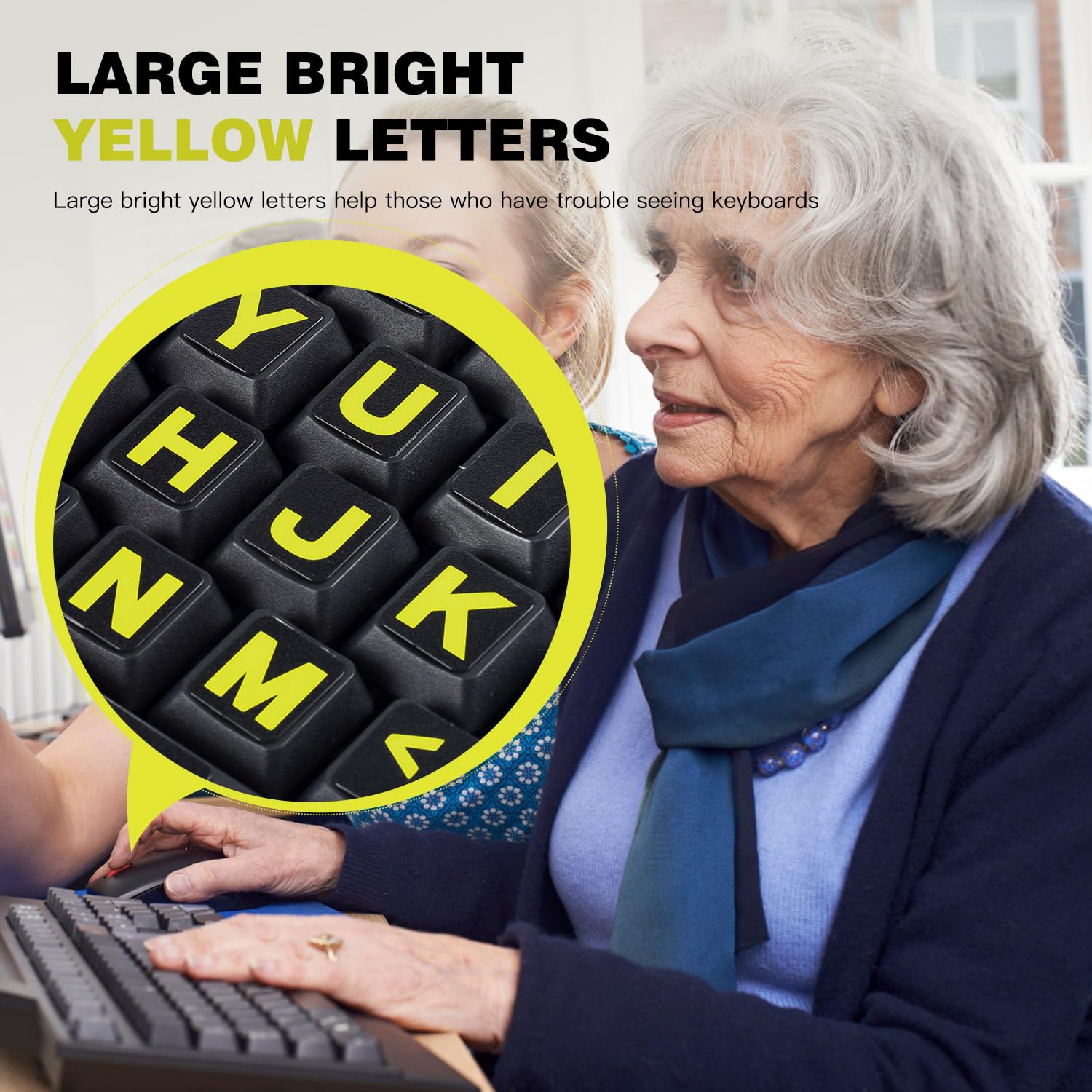 2Pcs English Keyboard Stickers, Universal Computer Laptop Replacement Large Keyboard Stickers Big Bright Yellow Lettering For Si