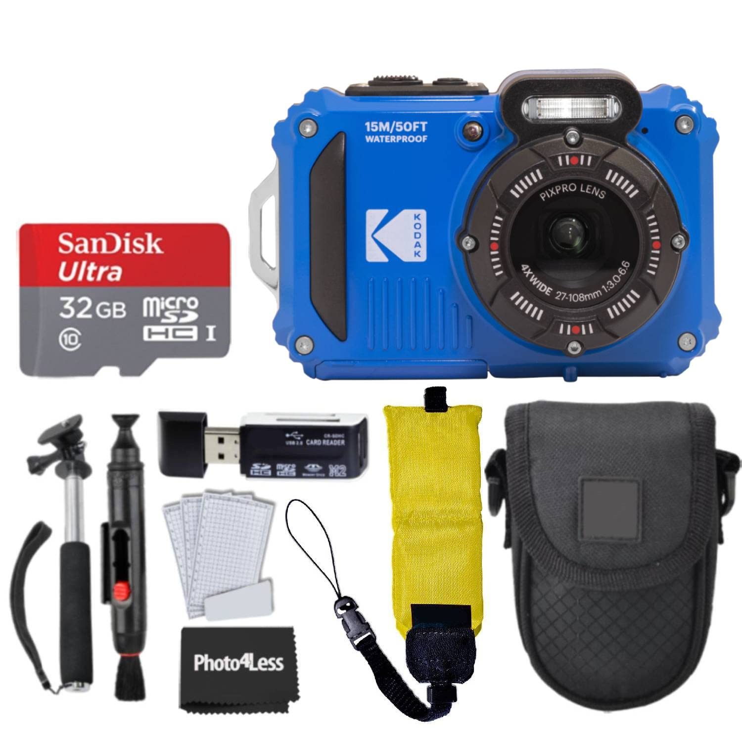 Kodak Pixpro Wpz2 Rugged Waterproof Shockproof Digital Camera 16Mp 4X Optical Zoom 1080P Full Hd Video, 2.7' Lcd (Blue), 32Gb Sd Card, Black Compact Camera Case, Floating Strap, Bundle (7 Items)