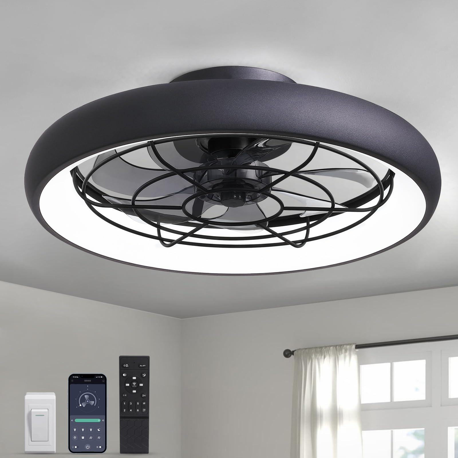 LUDOMIDE Ceiling Fans with Lights and Remote, 20 Inch Low Profile Ceiling Fans Flush Mount Fan with LED Lights, Small Modern Cei