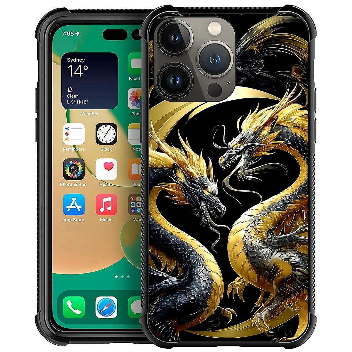 Deaorew for iPhone 14 Pro Max Case | Classic Slim Cover Design | Golden Black Dragon