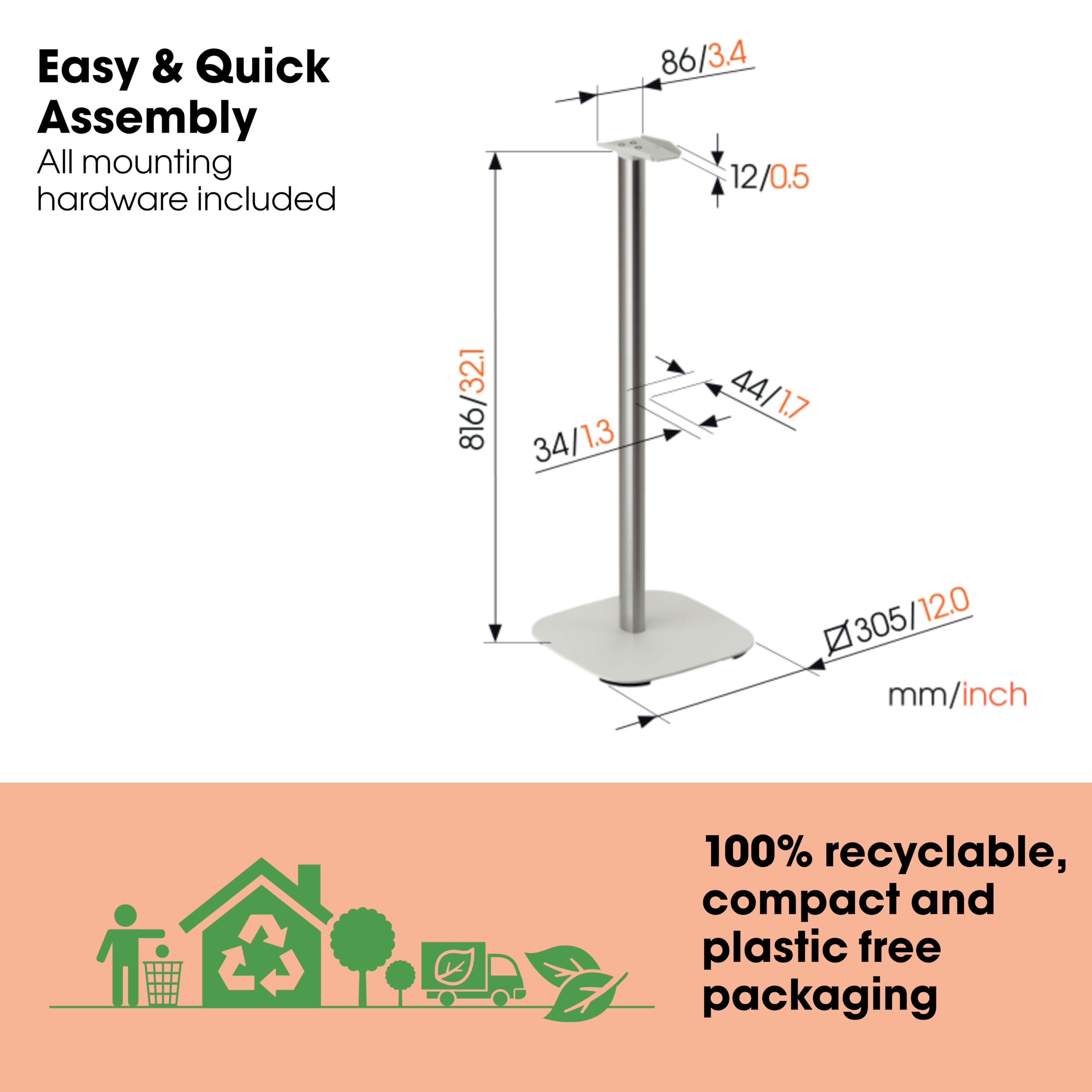 Vogel'S Sfs 4133 Speaker Floor Stand For Sonos Era 300, Cable Inlay System, Height: 32,3 Inch (82 Cm), Max. 11 Lbs (5 Kg), White