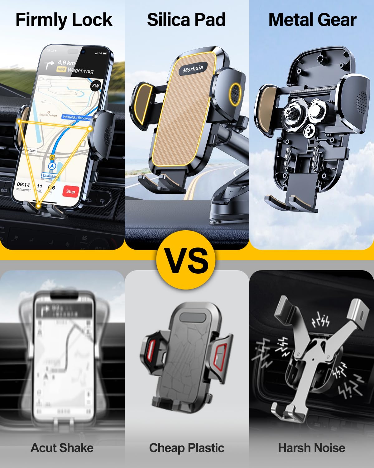 Rorhxia 3-In-1 Phone Mount For Car [Most Stable And Flexible Suction Cup] Vent Dashboard Windshield Cell Phone Holder Car Fit Fo