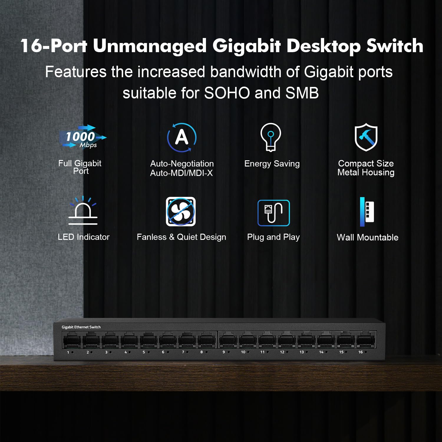 Yulinca 16 Port Gigabit Ethernet Switch, 16 X 100/1000Mbps Ports, Unmanaged Fanless Pluy And Play Gigabit Network Switch