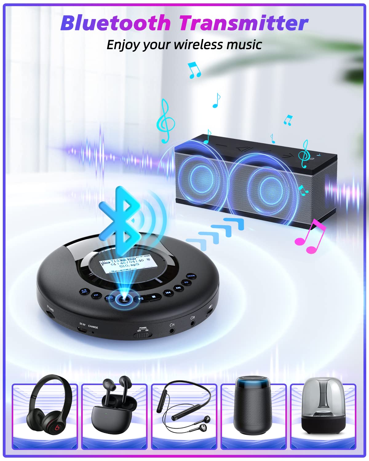 Cd Player Portable Arafuna, Portable Cd Player Bluetooth With Fm Radio, 2000Mah Rechargeable Cd Player For Car With Lcd Screen, Anti Shock Protection Walkman Cd Player With Headphone, Aux Cable