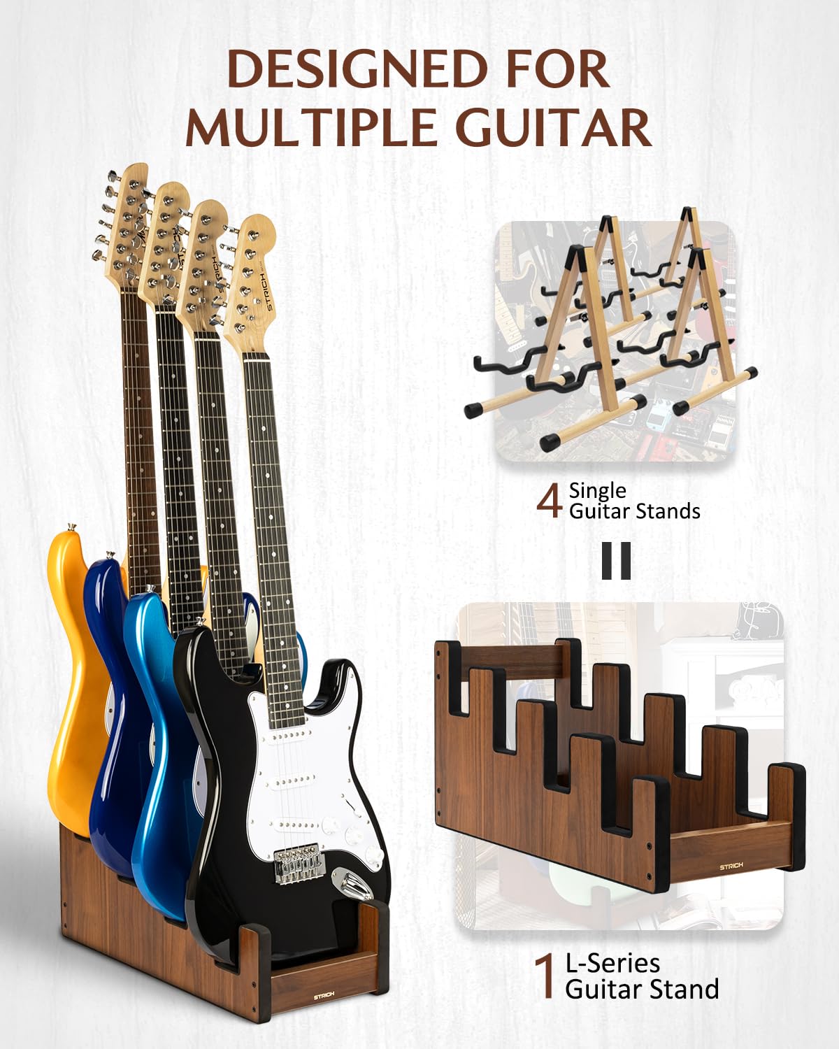 Strich Wooden Guitar Stand For Multiple Guitars, 4-Holder, Front Display Space-Saving Floor Guitar Rack For Home, Studio, Stage,