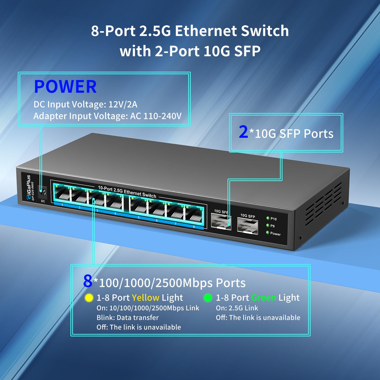 10 Port 2.5Gb Unmanaged Ethernet Switch With 8* 2.5G Base T Ports, 2* 10G Sfp+ Ports. Gigaplus 2.5Gbps Network Switch For 2.5Gbp