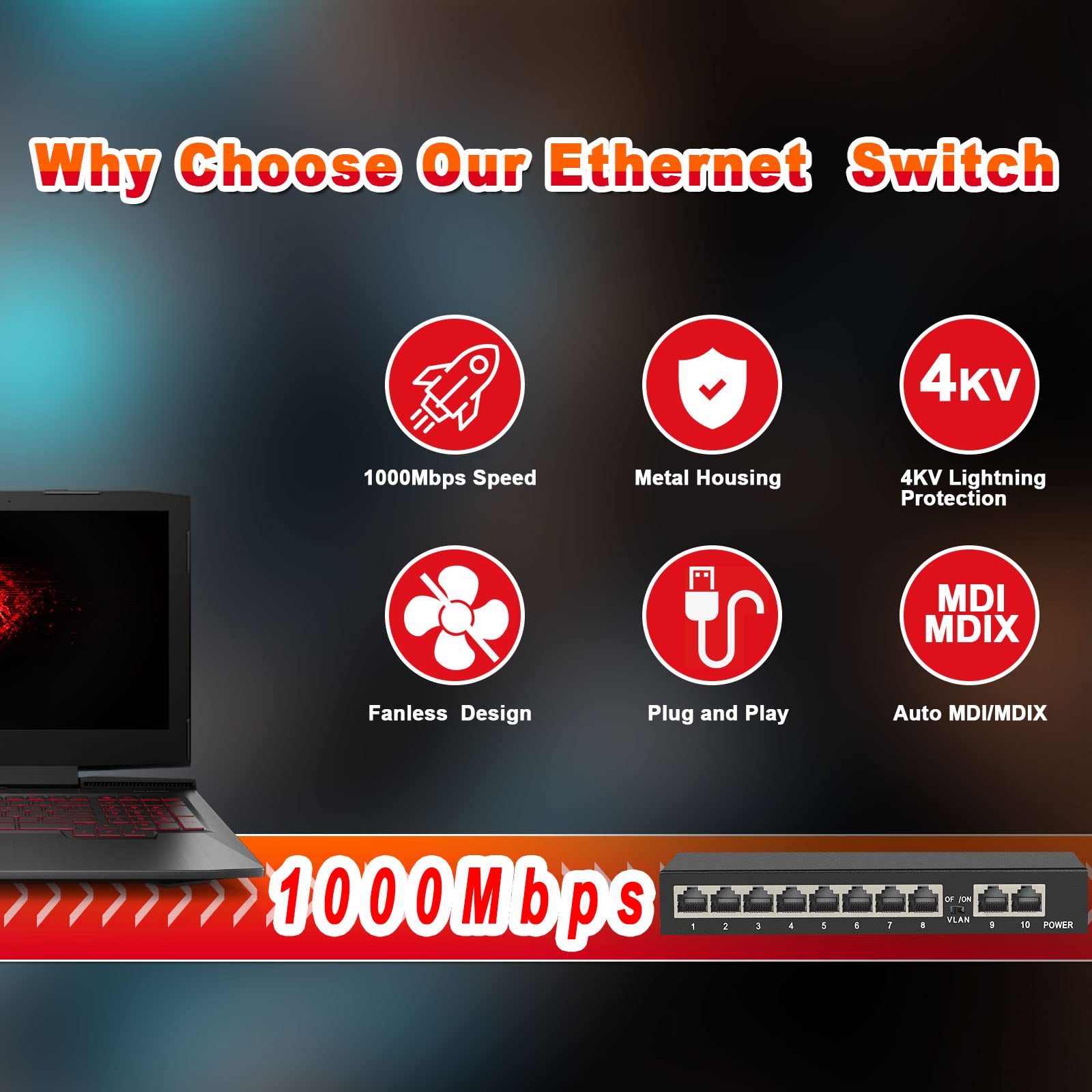 Ienron 10 Ports Gigabit Ethernet Switch Unmanaged, 8 Gigabit Ports+2 Gigabit Uplink Port, Network Switch,Ethernet Splitter| Plug