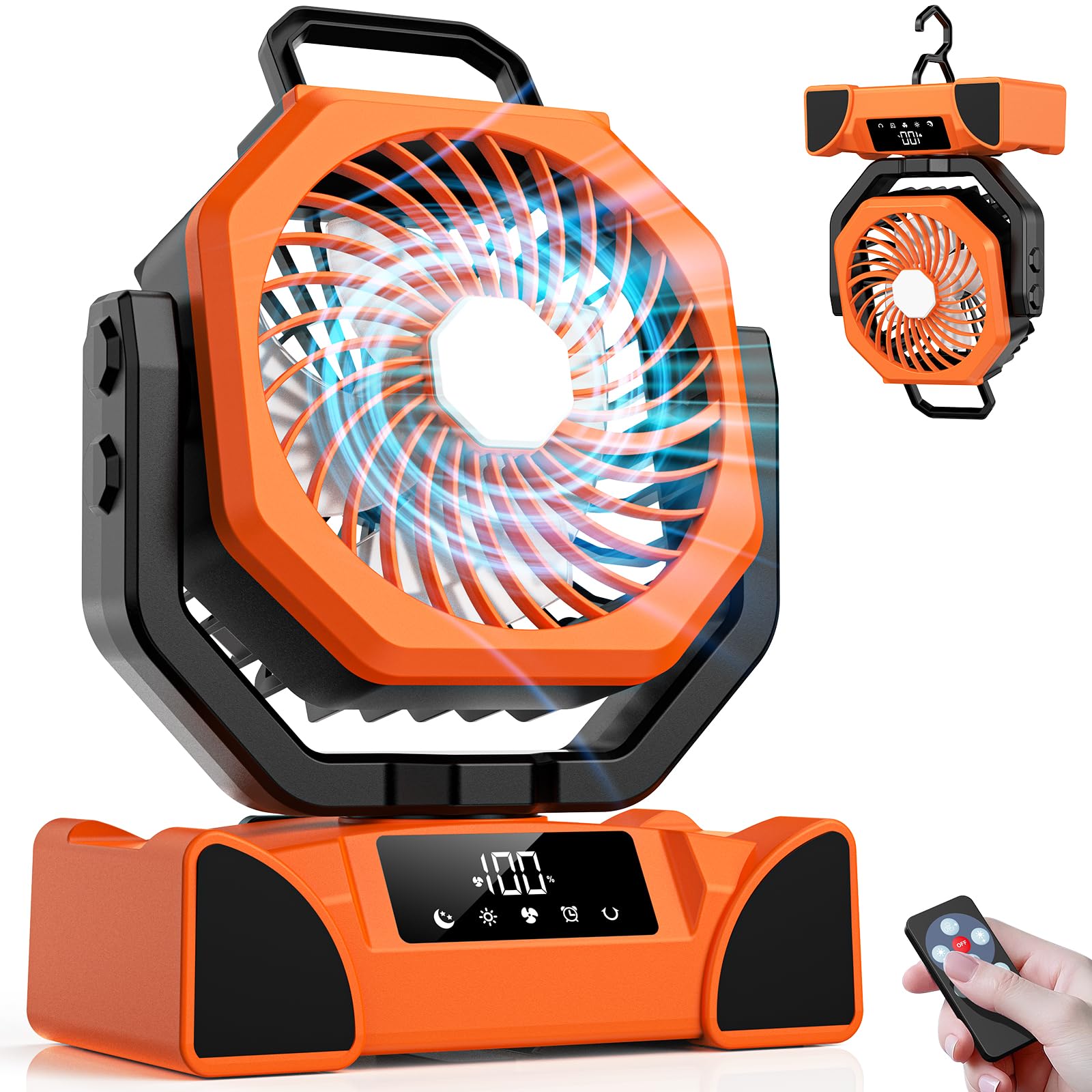 Portable Rechargeable Fan, 20000mAh Battery Powered Fan with LED Light, Camping Fans for Tent Remote Control, 5 Speed & Hook, 10