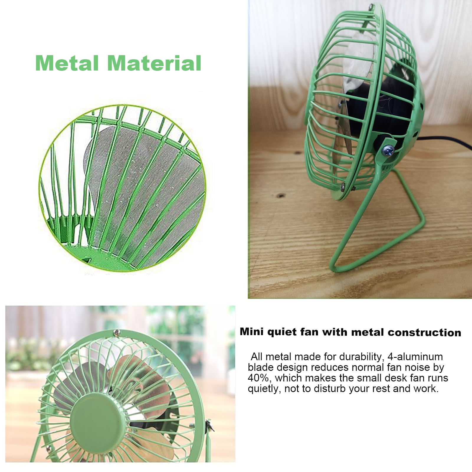 Sokelinn Six 4 Inch Small Usb Desk Fan, Metal Mini Quiet Personal Cooling Fan For Home Office Car Travel (Green)