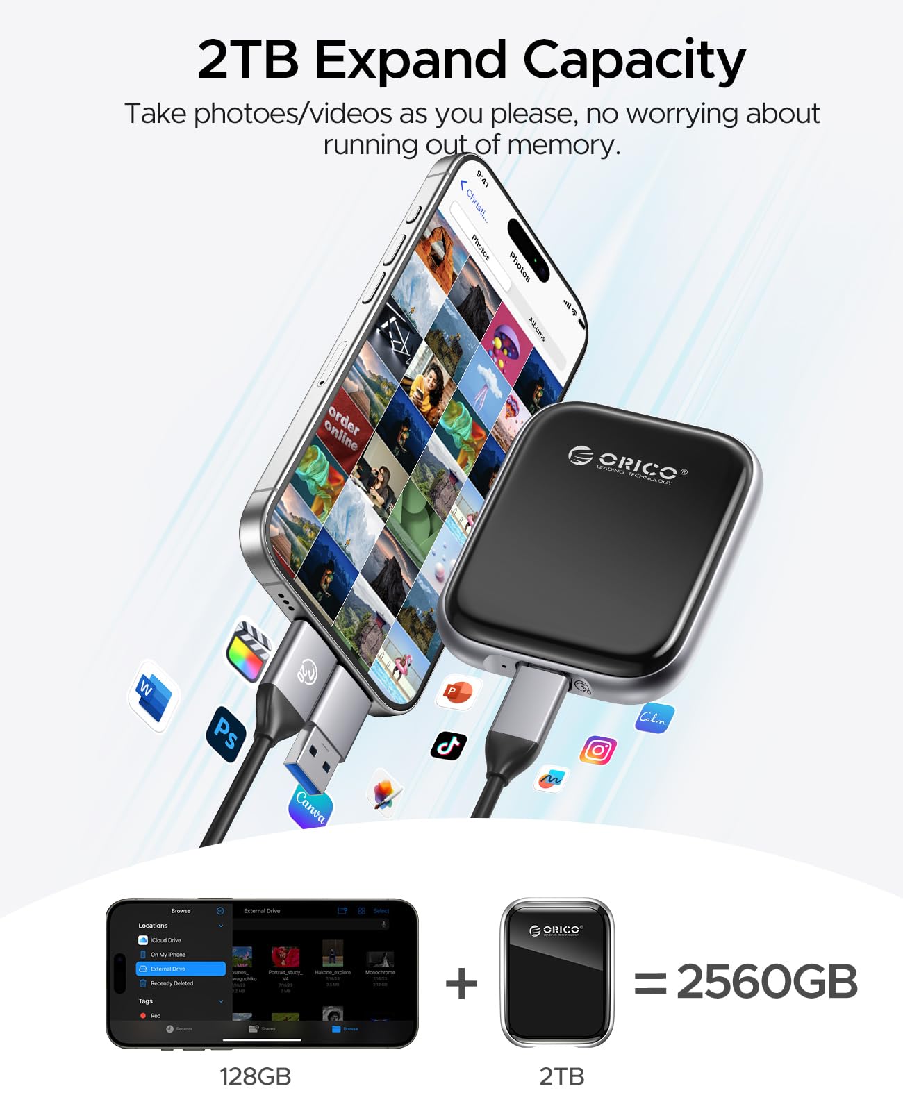 ORICO 2TB Portable SSD Up to 2000MB/s External Solid State Drive, USB 3.2 Gen 2x2 20Gbps with 2 in 1 USB C Cable, Compatibility with MacBook, iPad, iPhone 15, PSSD   A20