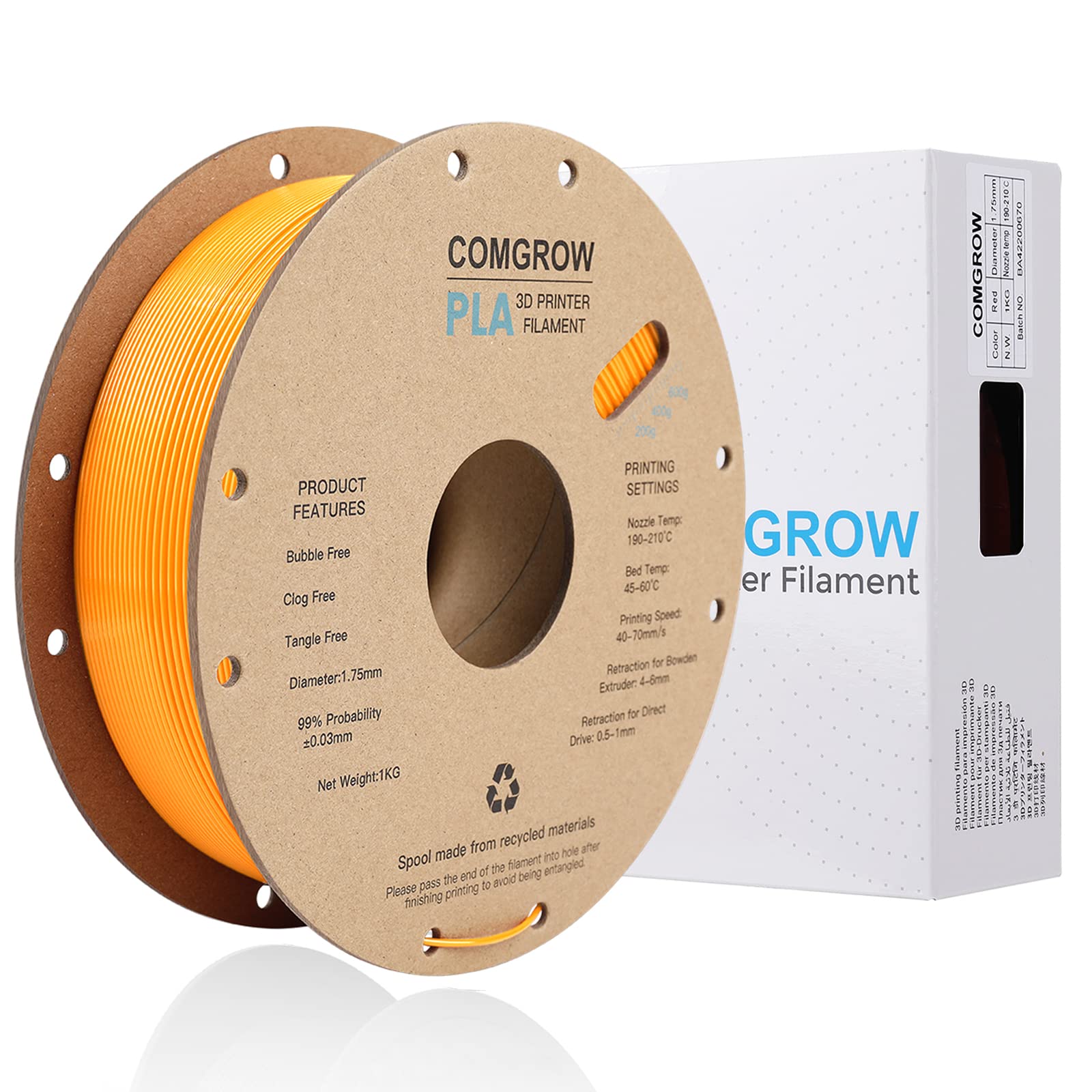 Comgrow Pla 3D Printer Filament, 3D Printer Pla Filament 1.75Mm, Dimensional Accuracy +/  0.02 Mm, 1Kg Spool Pla Orange