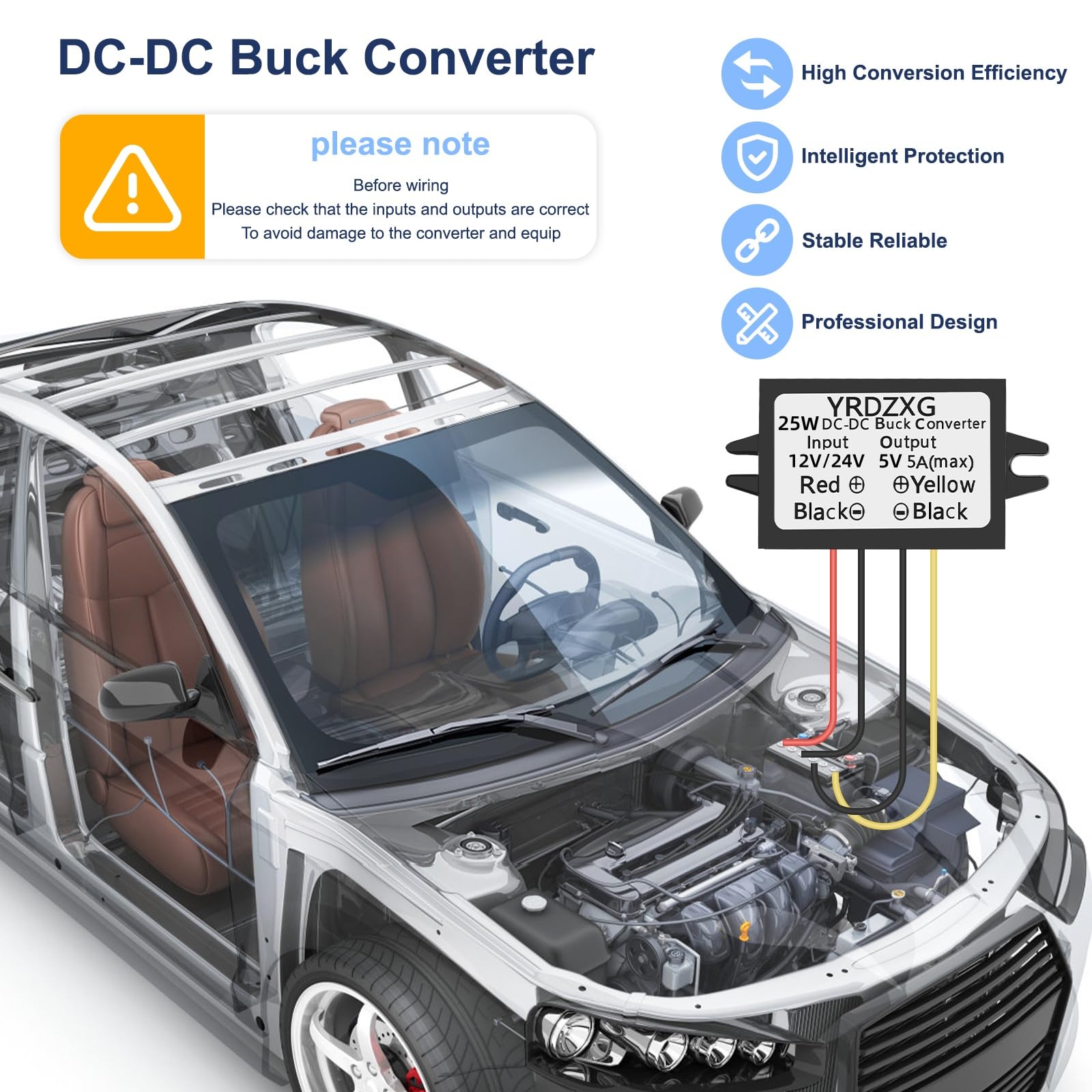 Yrdzxg (3 Pcs) 5V Buck Converter 12 V/24 V To 5 V 5A 25W Dc Regulator To 5 V Dc Step Down Converter Waterproof Module For Golf C