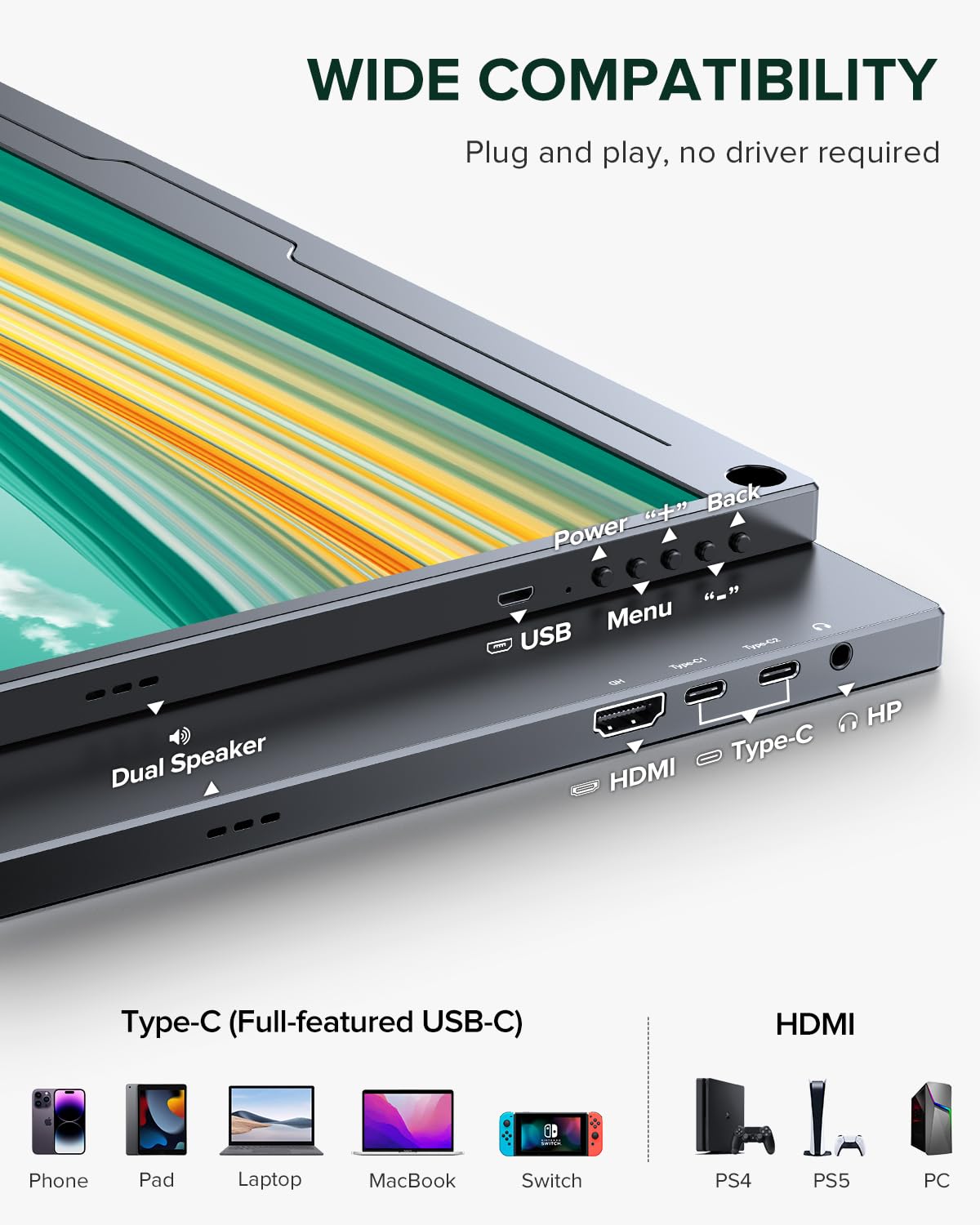 Uperfect 2.5K Portable Monitor, 16'' 2560X1600 Qhd Portable Gaming Monitor Hdr Freesync Laptop Monitor W/Vesa & Smart Case Matte