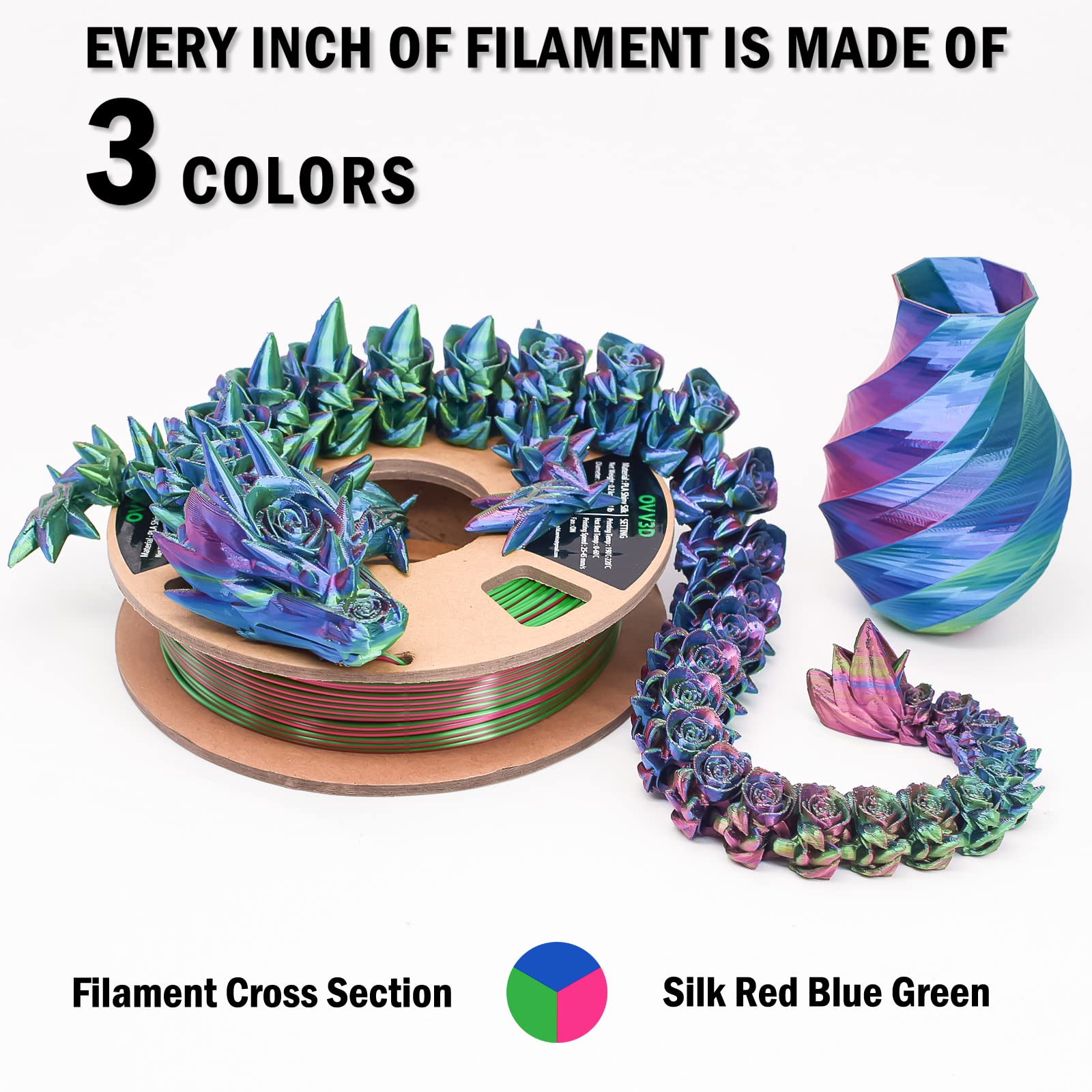 Ovv3D Silk Pla Filament, 3D Printer Filament Tri Colors Coextrusion Pla Filament 1.75Mm, Rainbow Pla Filament With Silk Pla Red