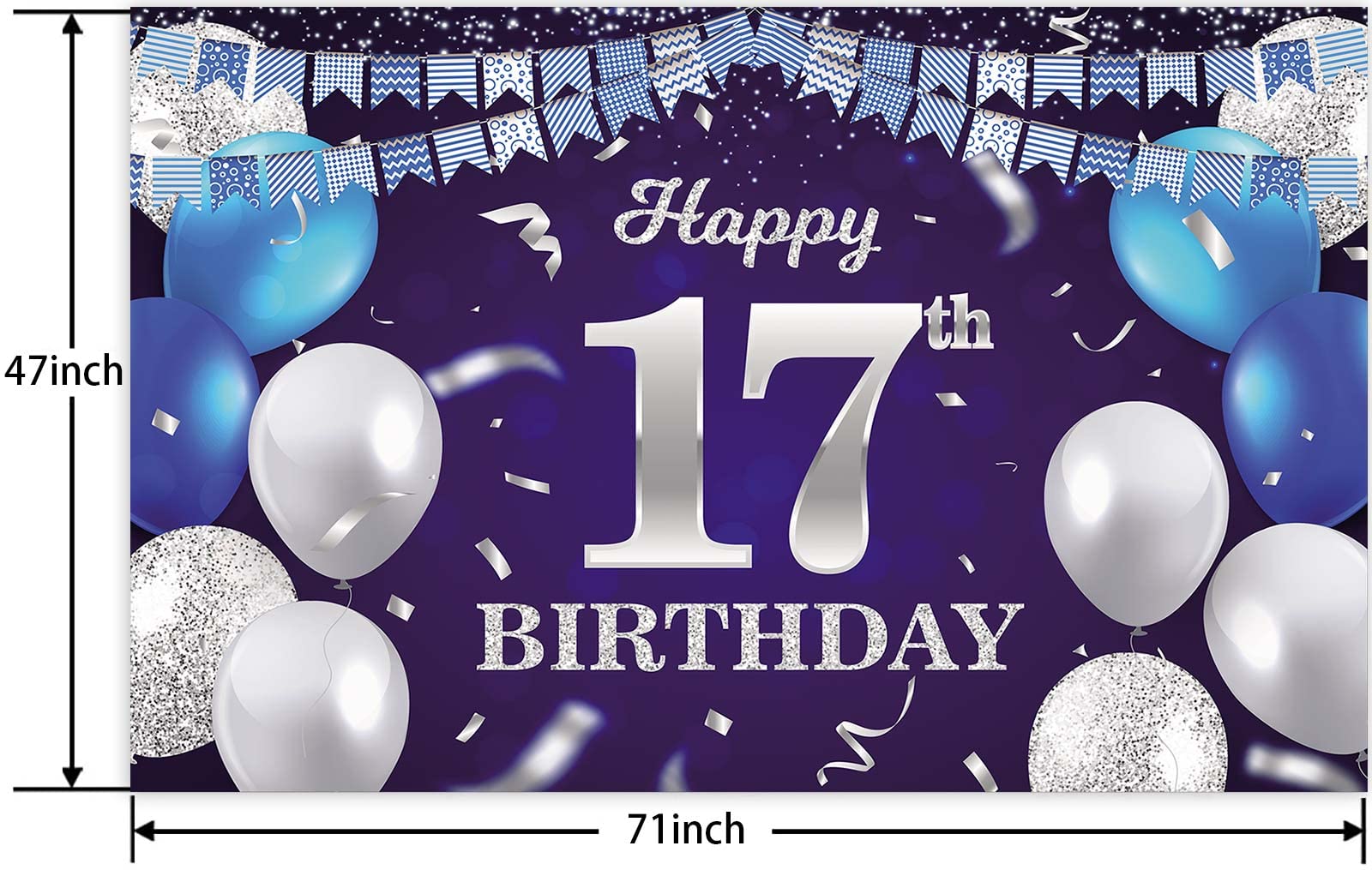 Happy 17Th Birthday Banner Backdrop Navy Blue Balloons Confetti Stripe Flag Light Spots Cheers To 17 Years Old Theme Decorations