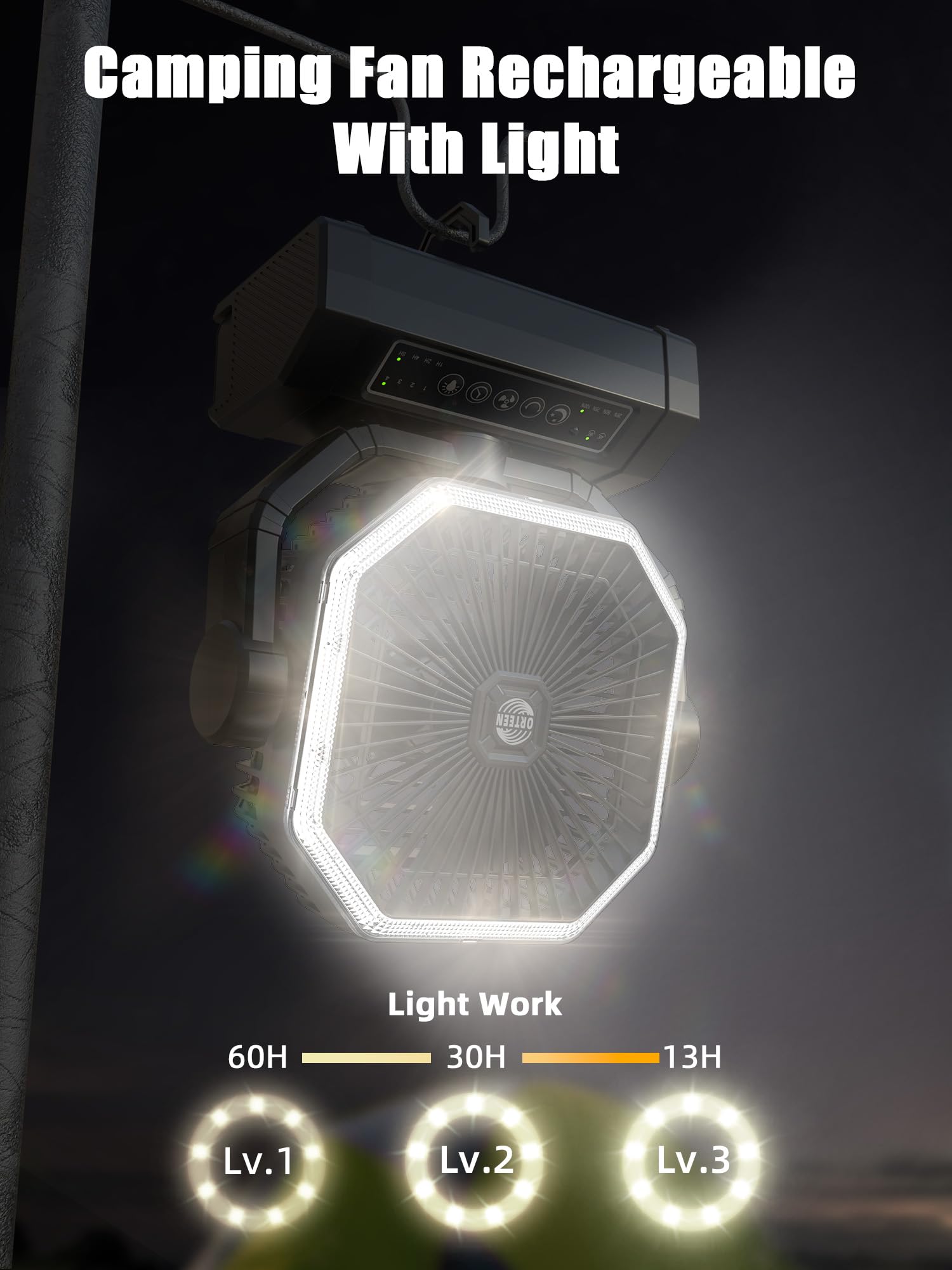 Portable Rechargeable Fan   9 Inch Camping Fan With Light   60Hrs 20000Mah Battery Operated Fan For Camping   Outdoor   Tent Fan