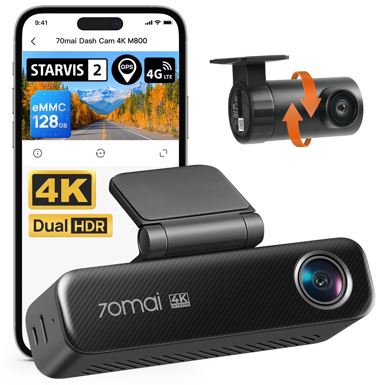 70mai 4K Dash Cam Front and Rear for Cars, STARVIS 2 IMX678 Super Night Vision & F1.7 Aperture, Dual HDR, Support 4G LTE & 5GHz 