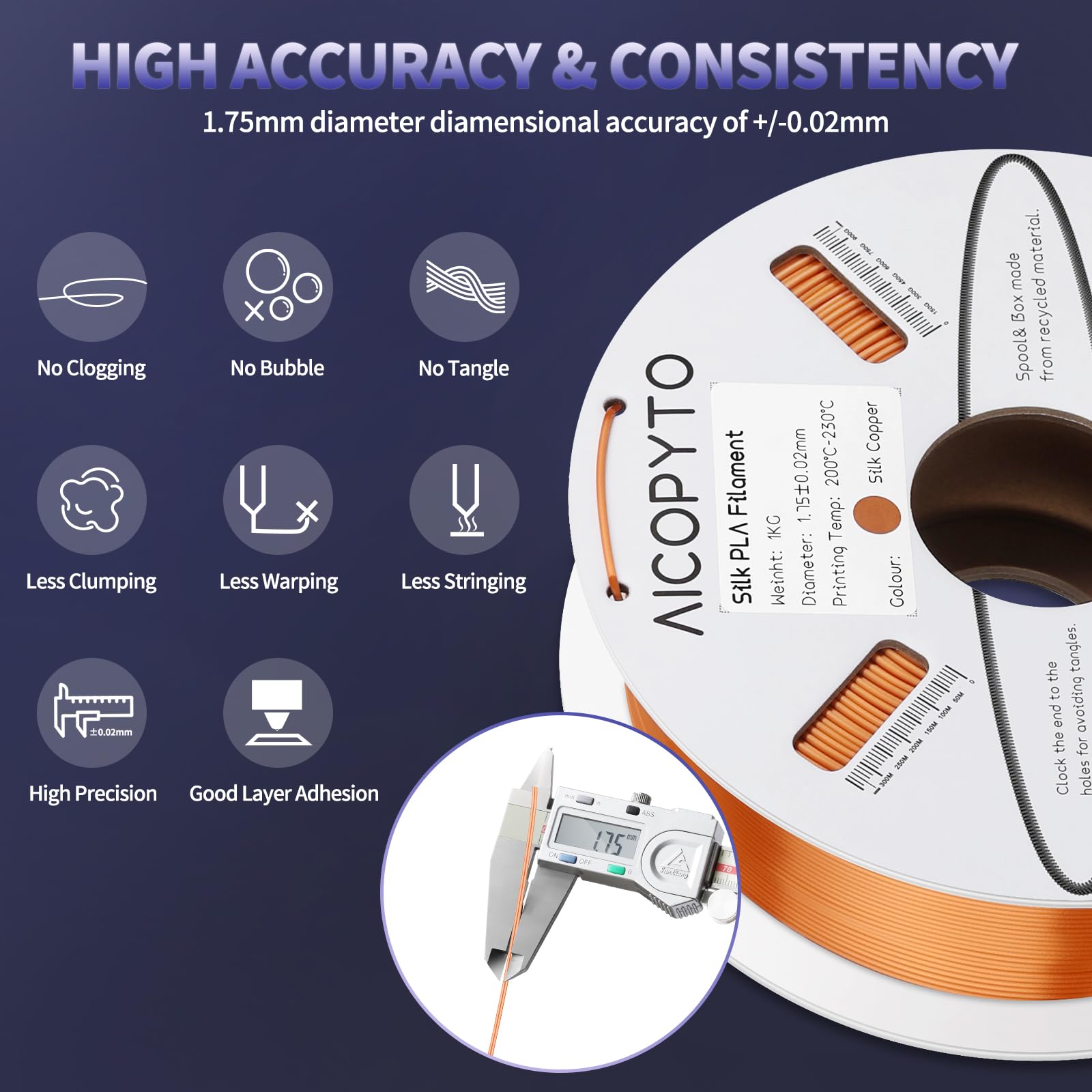 Aicopyto Silk Copper Pla Filament 1.75Mm, 3D Printer Filament Silk Pla Copper 1Kg Spool (2.2Lbs) Dimensional Accuracy Probabilit