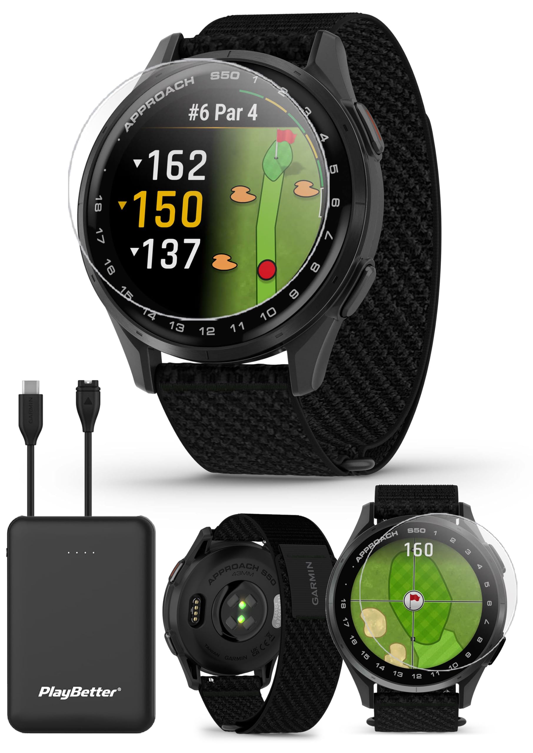 Garmin Approach S50 (Slate/Black) Golf GPS Smartwatch Bundle - 1.2 AMOLED Display, On-Course Features, Wrist Heart Rate with Pla