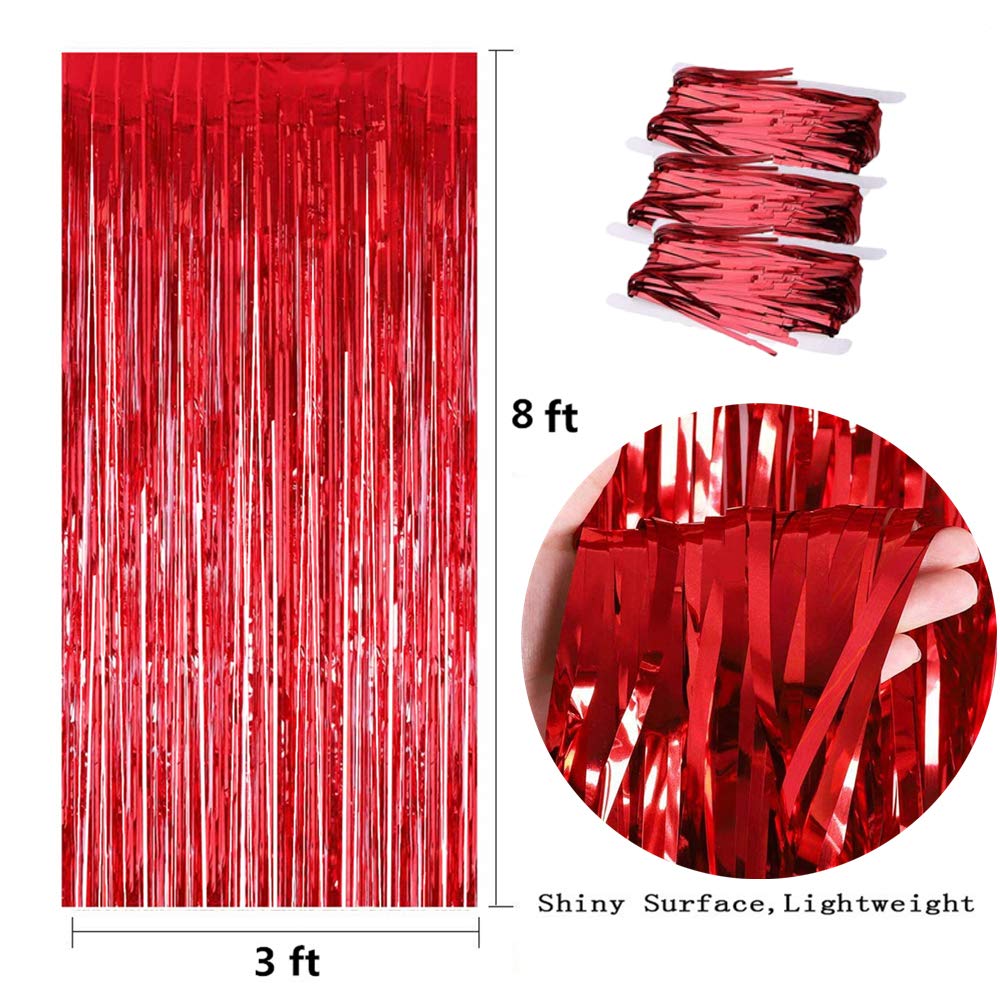 3Pcs Red Fringe Backdrop, 3.2Ft X 8.2Ft Abcty Streamer Backdrop Metallic Tinsel Foil Curtains Party Decor For Birthday Wedding B