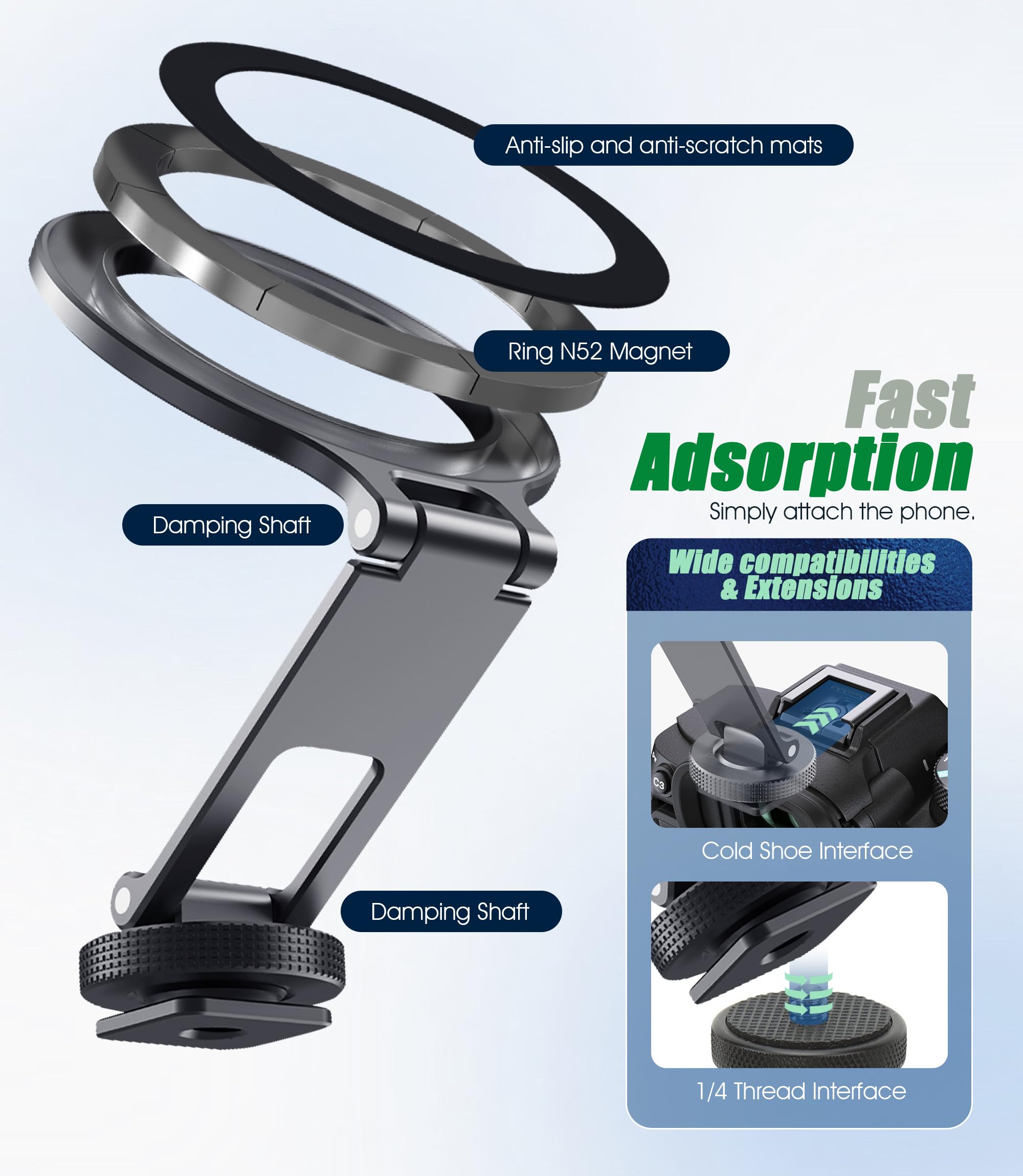 Orzero Camera Cold Shoe Magnetic Phone Holder Flexible Phone Tripod Mount Adapter For Dji Ronin Sc Iphone 16/15/14/13/12 Series