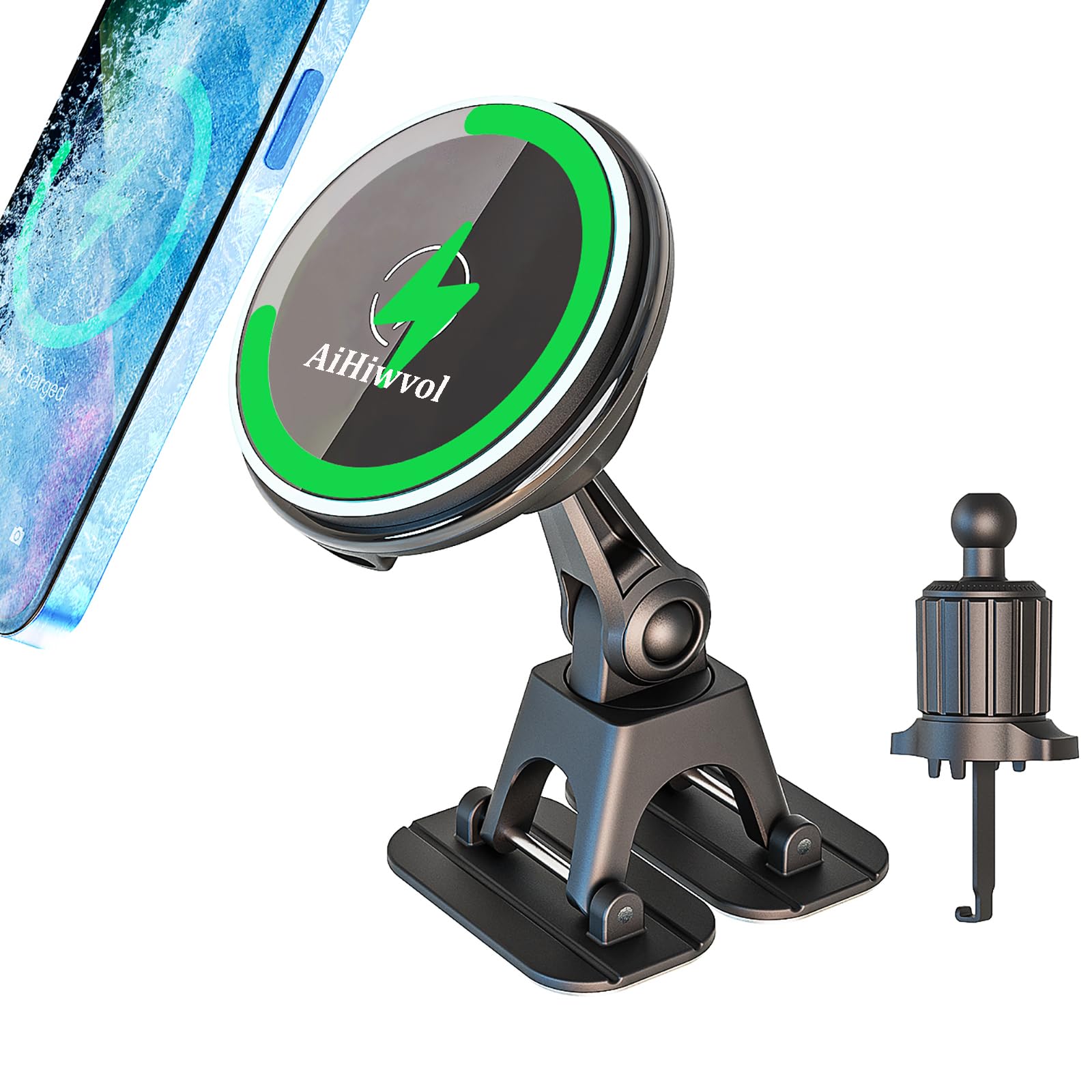 Aihiwvol For Qi2 15W Magsafe Car Mount Charger, Heat Restriction Charging, 360 Adjustable And Foldable Phone Holder Charger For 