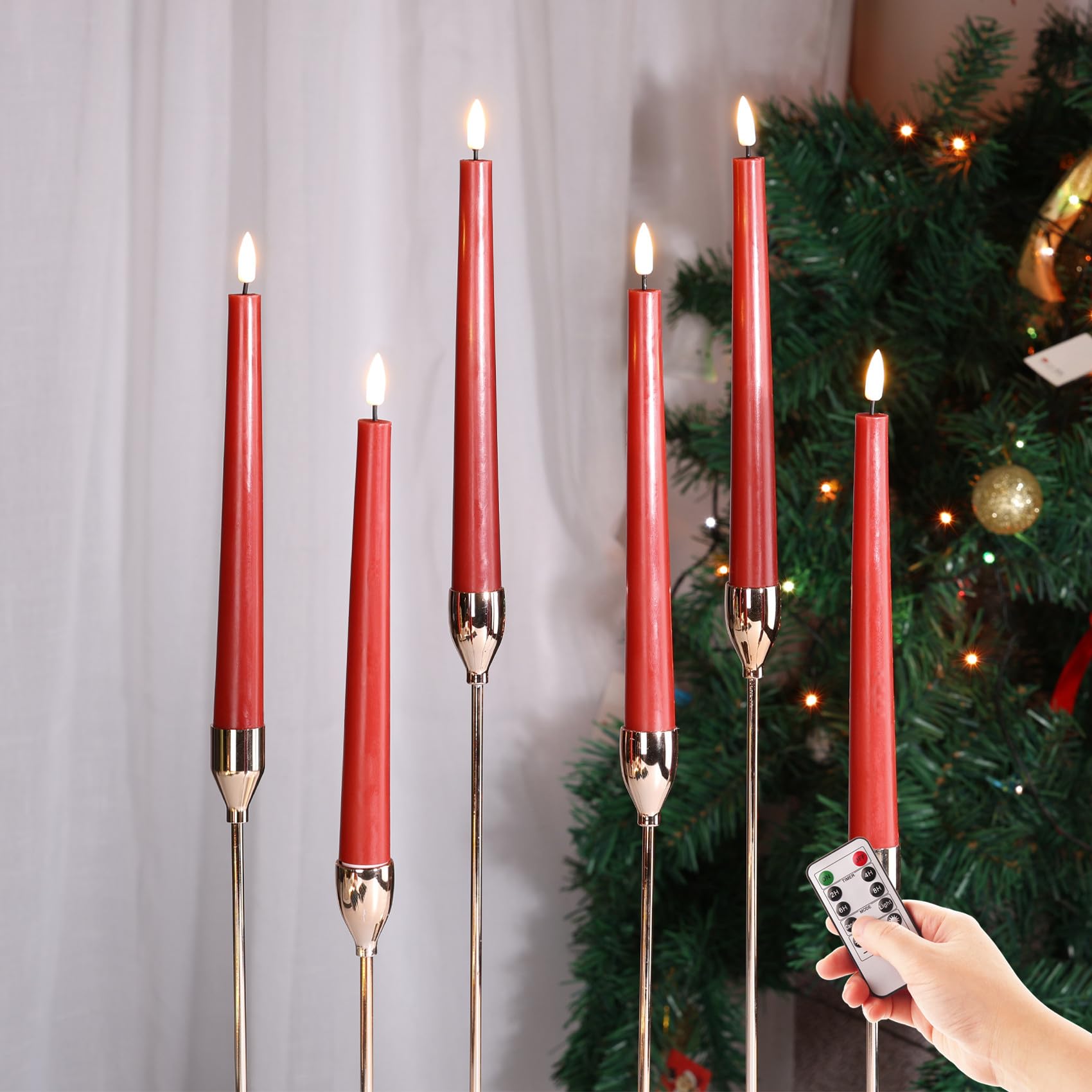 Eywamage Red Christmas Flameless Taper Candles With Remote, Flickering Battery Led Wax Candlesticks Set Of 6