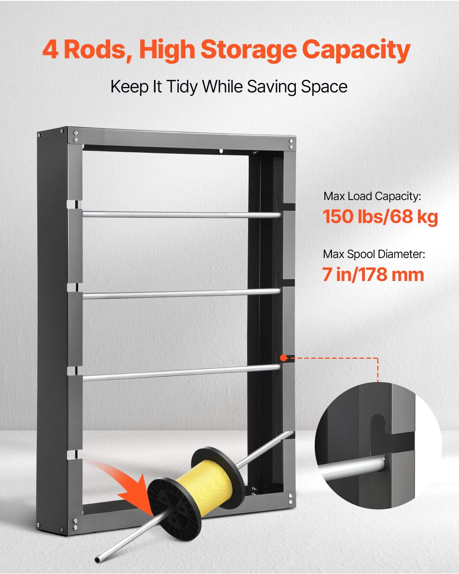 Vevor Wire Spool Rack, 4 Adjustable Rods, Cold-Rolled Steel Wire Spool Holder Wall Mounted For Multi-Spools, Wiring Storage, 150