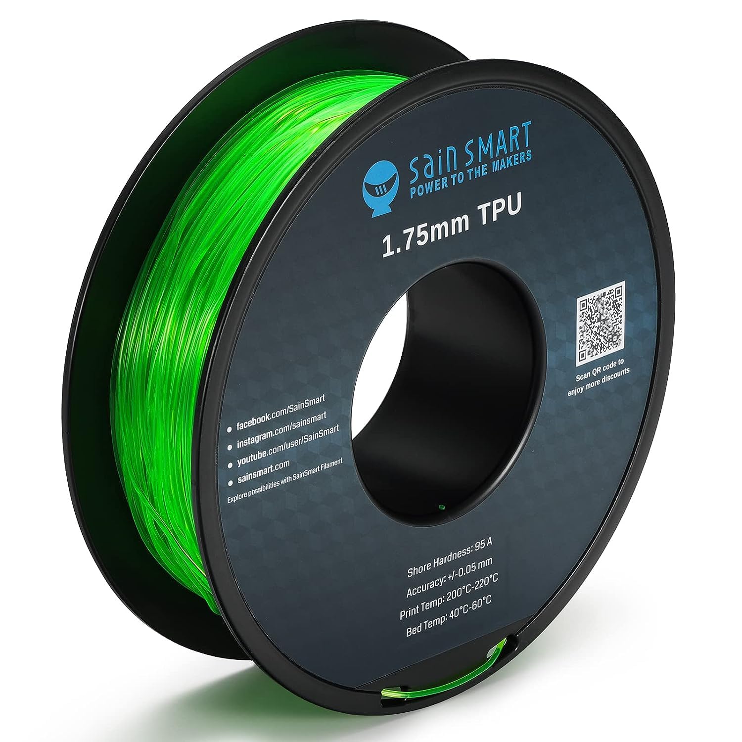 Sainsmart Green Flexible Tpu 3D Printing Filament, 1.75 Mm, 0.8 Kg, Dimensional Accuracy +/  0.05 Mm