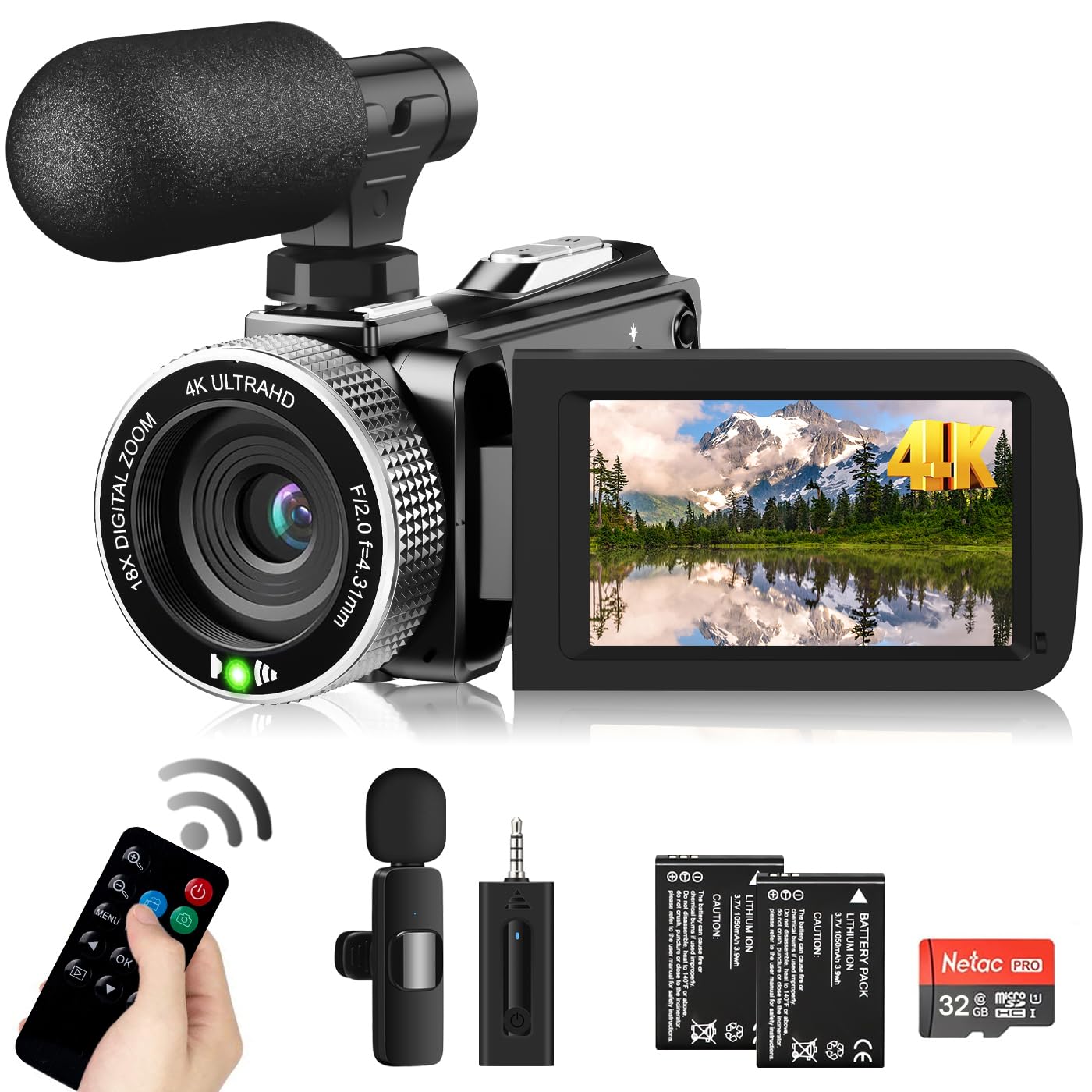 Video Camera Camcorder 4K 60FPS 48MP YouTube Camera with Wireless Lavalier Mic & External Mic for Vlogging, Ultra HD 3 Screen 18