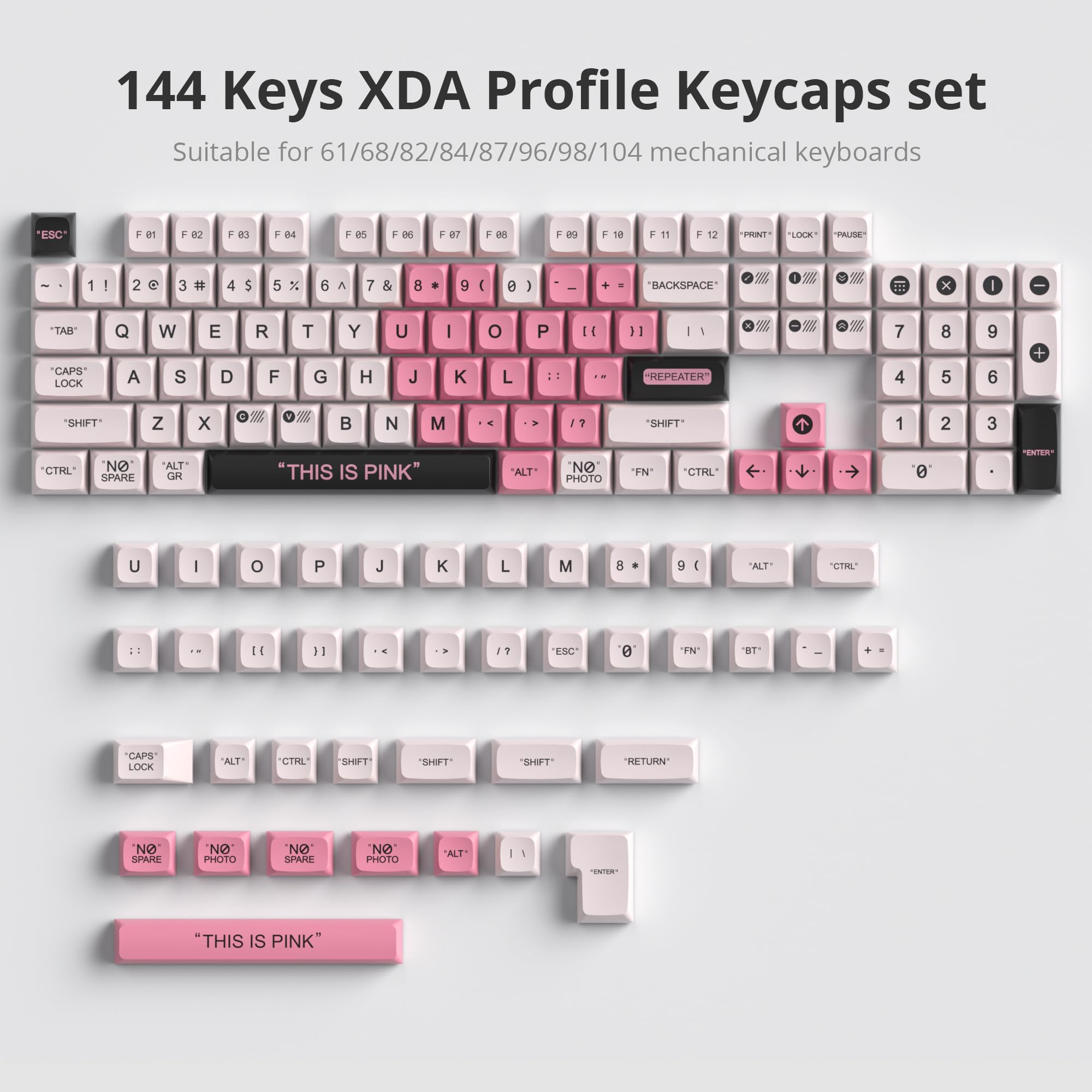 Fogruaden Pbt Pink Plastic Keycaps Dye Sublimation Cute Keycaps, Xda Profile, 144 Keys Keycaps Set For Cherry Gateron Mx Switche