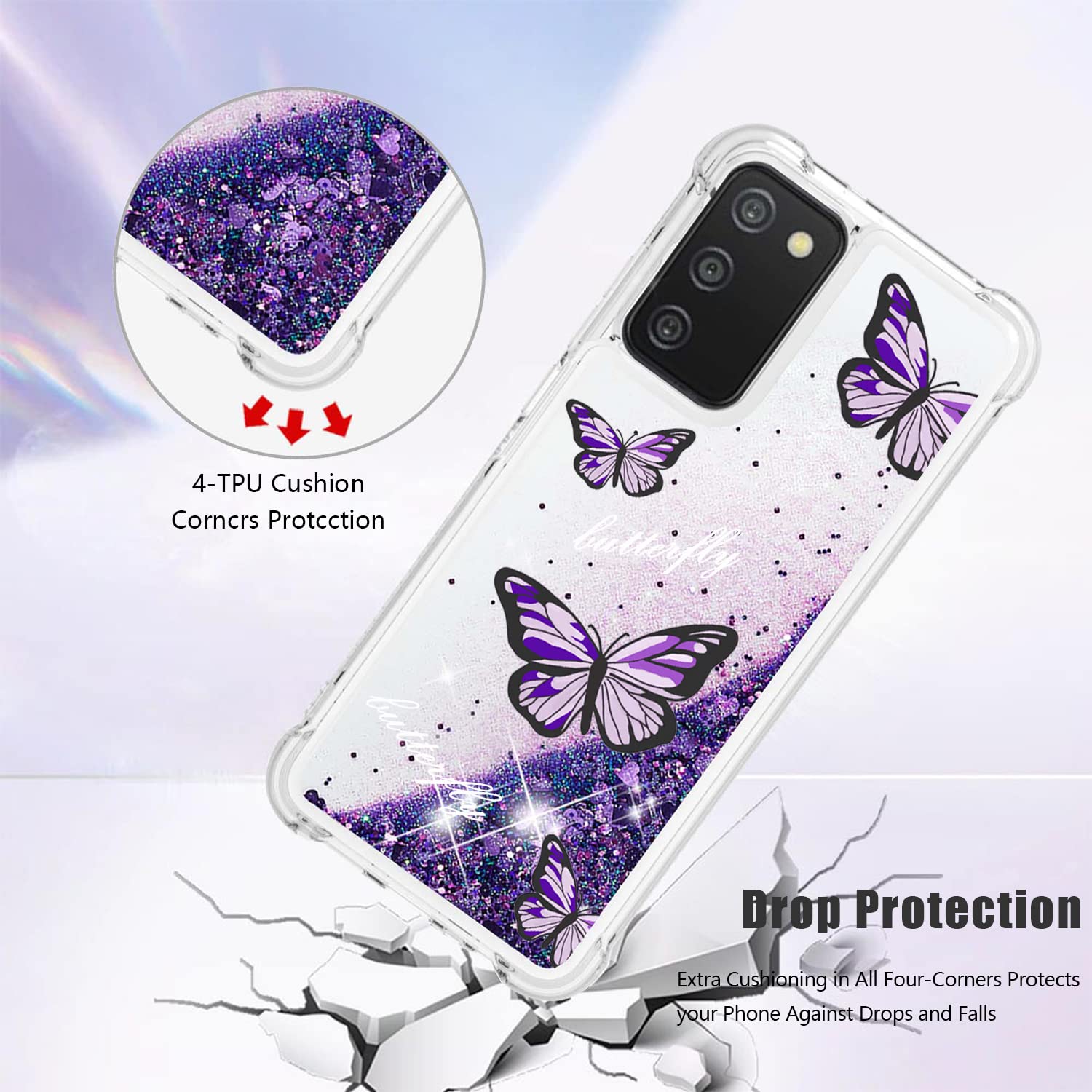 Caiyunl For Samsung Galaxy A03S Case With Glass Screen Protector,Women Girls Glitter Bling Floating Liquid Sparkle Cute Soft Tpu