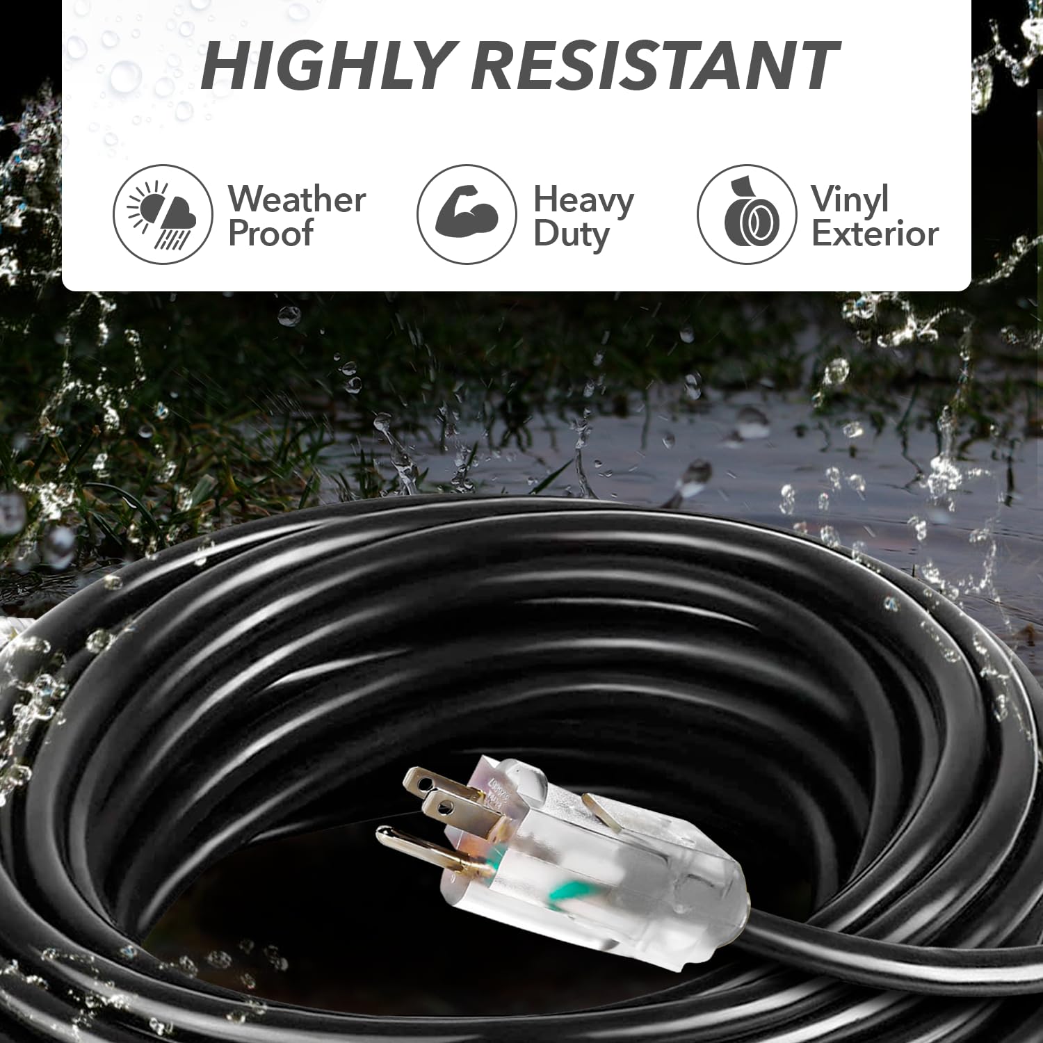 75 Ft Power Extension Cord, Indoor Outdoor, Heavy Duty, 3 Prong Sjtw, 12 Gauge, Lighted End, Extra Durability, 15 Amp 125 Volts