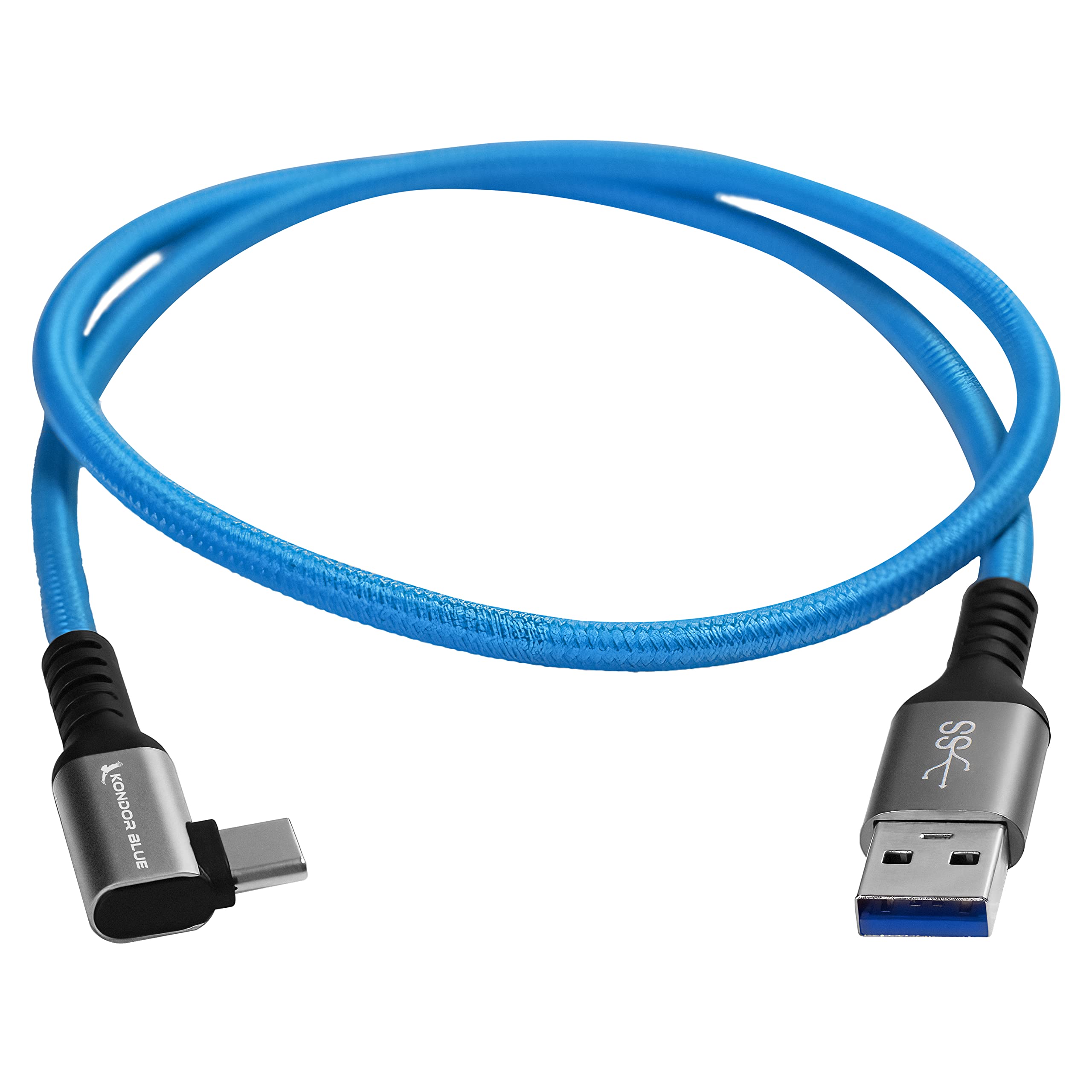 Kondor Blue 2' Straight Usb C To Usb A 3A 60W 5Gb/S | Right Angle Braided Cable For Data And Power Delivery