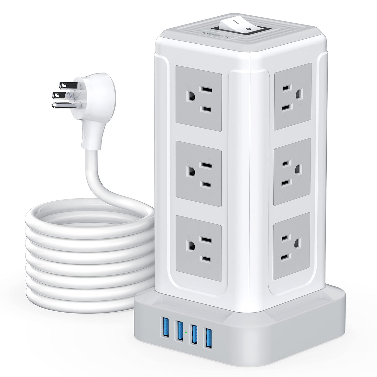 Nveeshox Power Strip Surge Protector Tower With 12 Outlets 4 Usb Ports, 10Ft Long Extension Cord Multiple Outlets Flat Plug Powe