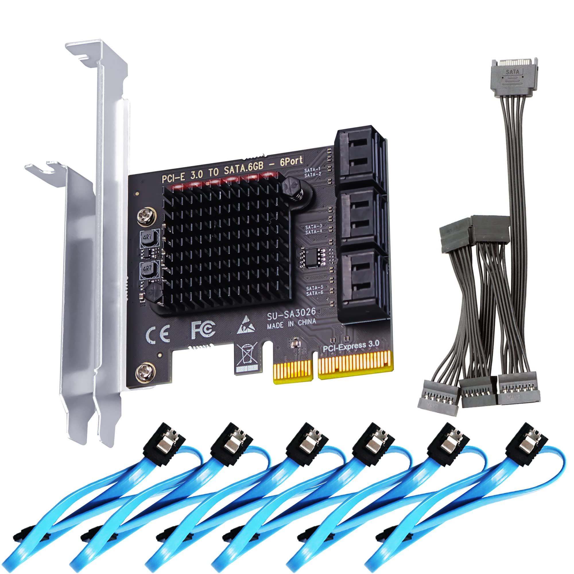 Glotrends Sa3026 6 Port Pcie X4 Sata Card, Including Sata Cables And 1:5 Sata Splitter Power Cable, Compatible With Windows,Linu