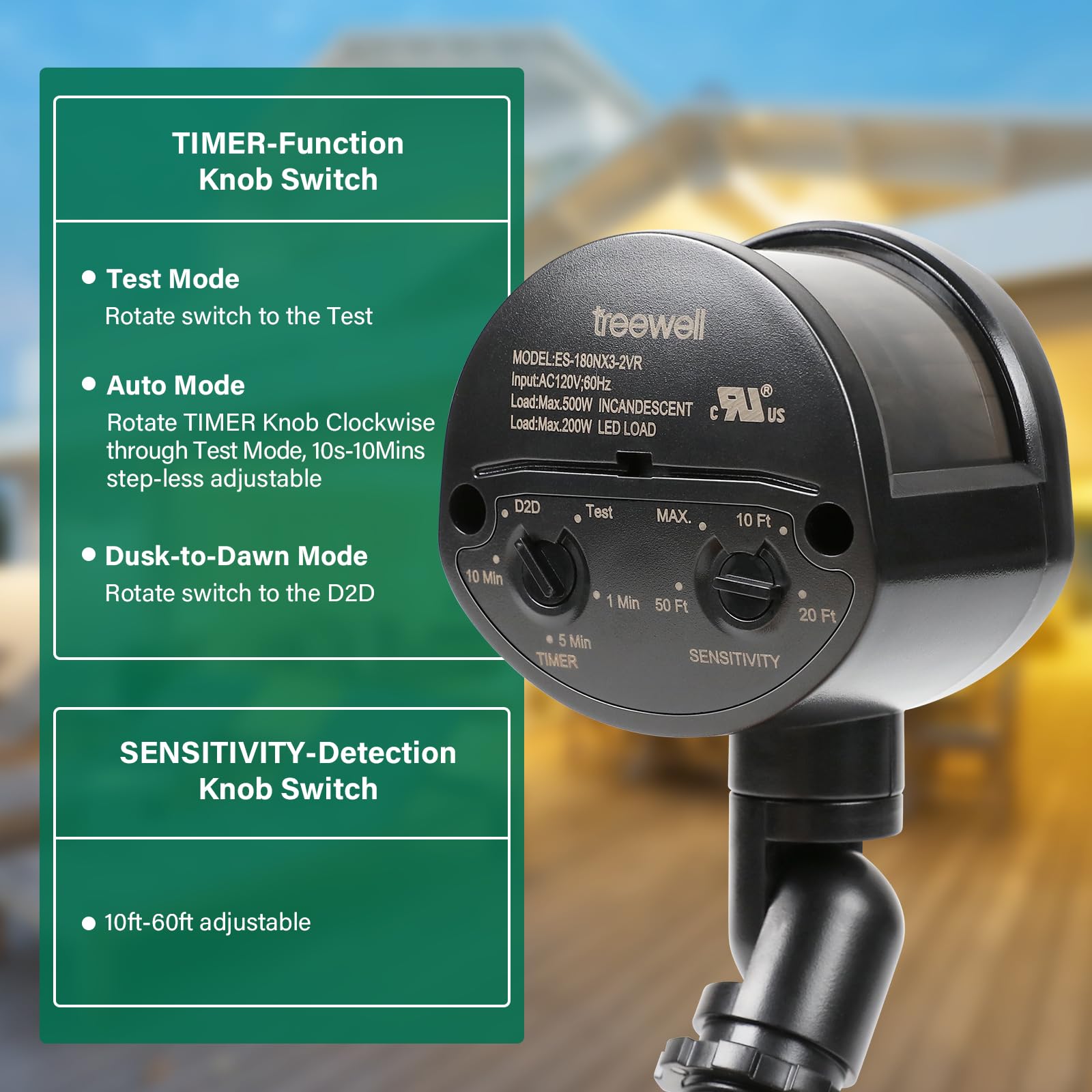 2 Pack Motion Sensor, 180 Degree Replacement Motion Detector, Adjustable Time & Detection Sensitiity Up To 60 Feet Range, 3 Work