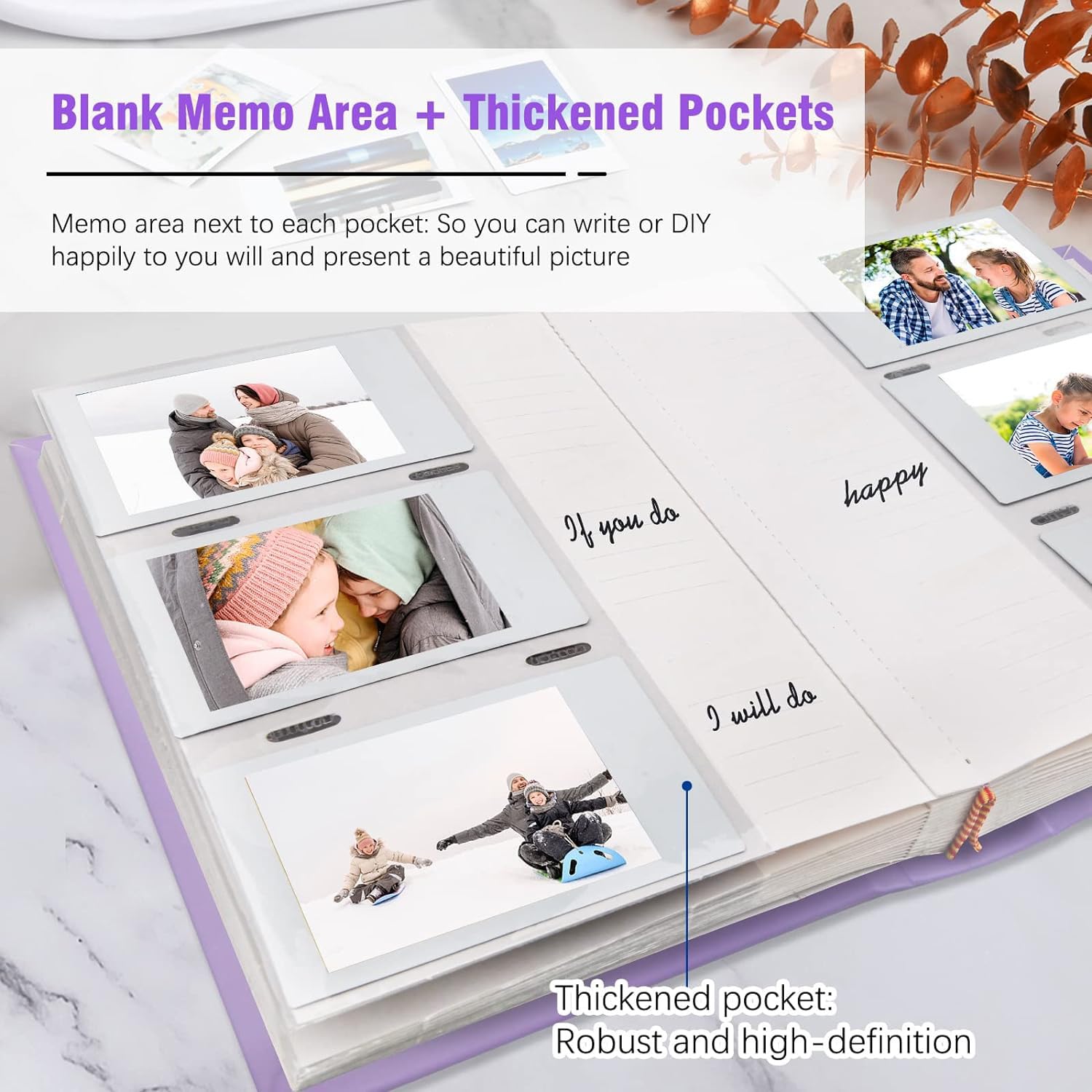 Photo Album For Fujifilm Instax Mini Camera, 180 Pockets Photo Album With Writing Space For Polaroid, Leather Cover, 2X3 Photo Album For Instax Mini 12 11 9 40 8 7 Evo Liplay Instant Camera (Purple)