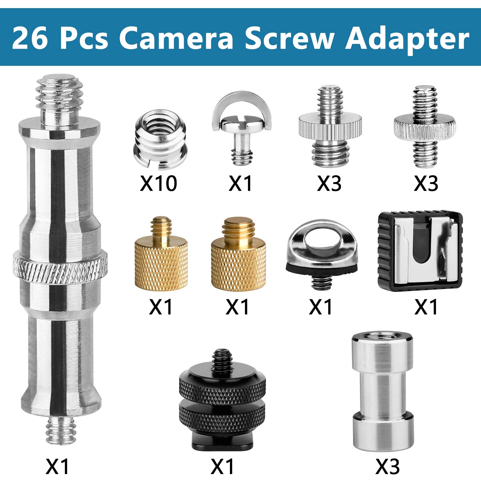 Camera Tripod Adapter, Chromlives 26Pack Camera Screw Mount Set 1/4 To 1/4 Tripod Screw,1/4 To 3/8 Camera Mount Adapter,Hot Shoe
