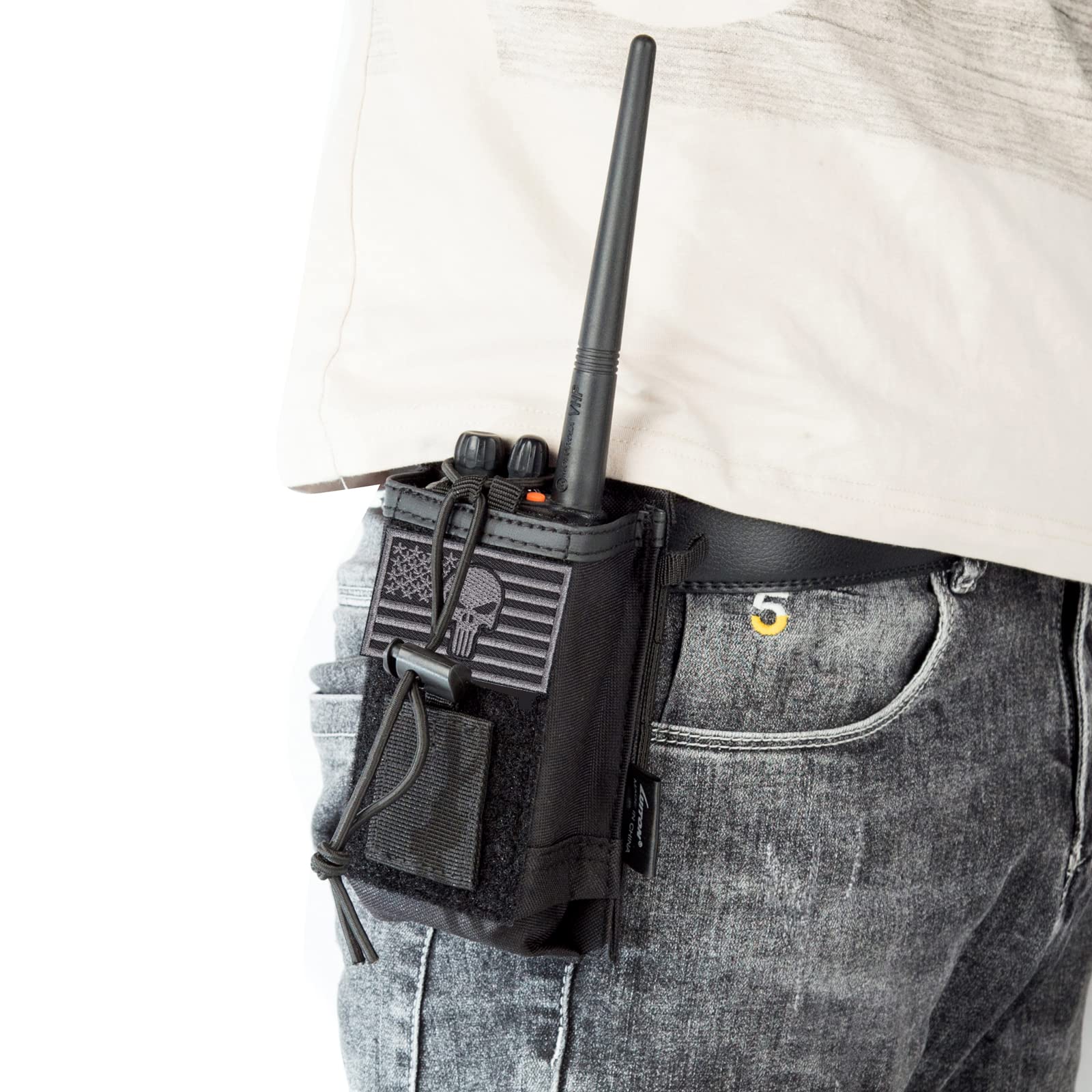 Radio Holder Radio Pouch Molle Radio Holster Tactical Radio Holder Radio Case Duty Belt Accessories Military Heavy Duty Radio Bag For Walkie Talkies Adjustable Storage With Patch(Punisher Skull Flag)